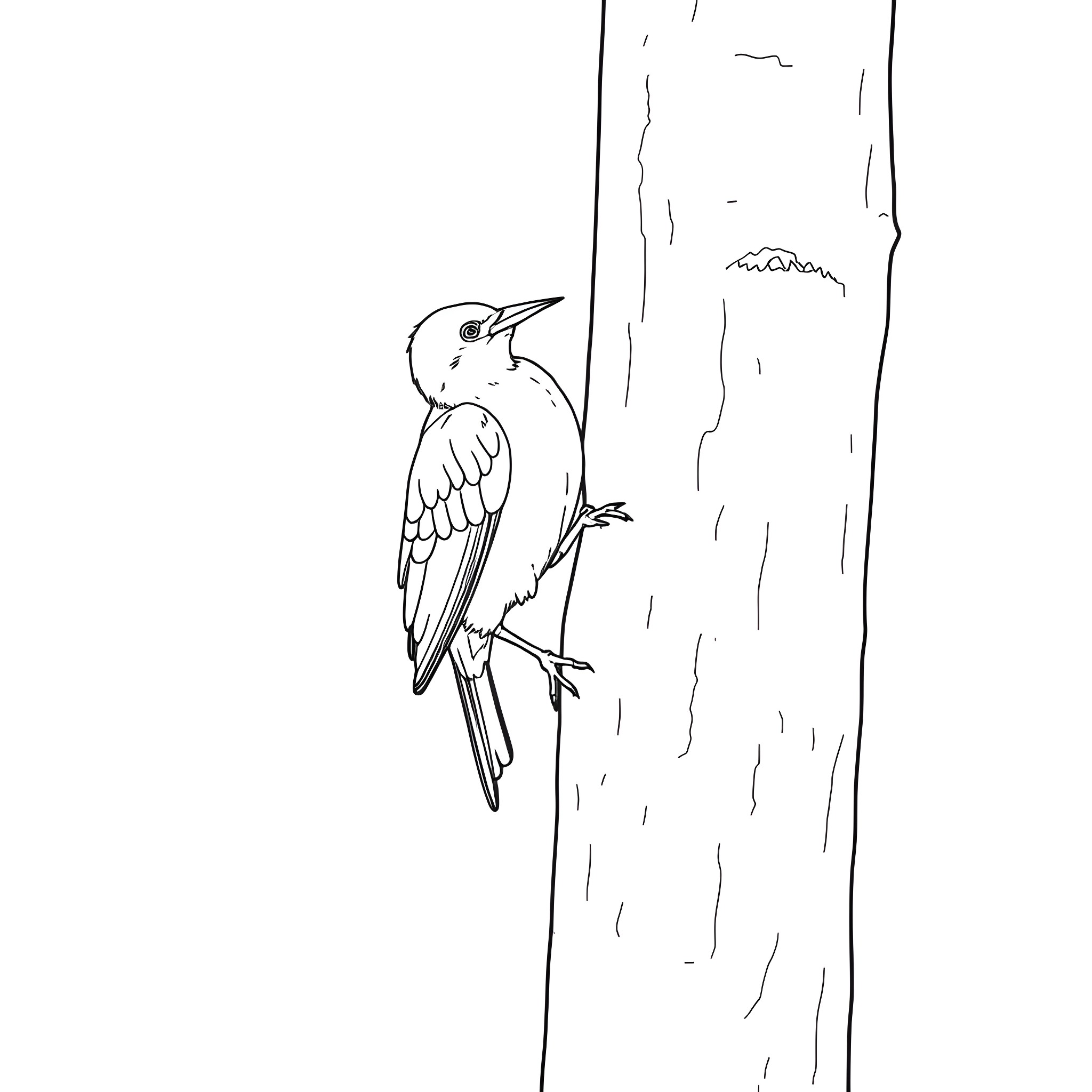 Chlorochrysa Phoenicotis perching on tree trunk Coloring Page (free black-and-white line drawing printable PDF for all, from beginners to advanced learners, including children, teens, adults, and seniors)