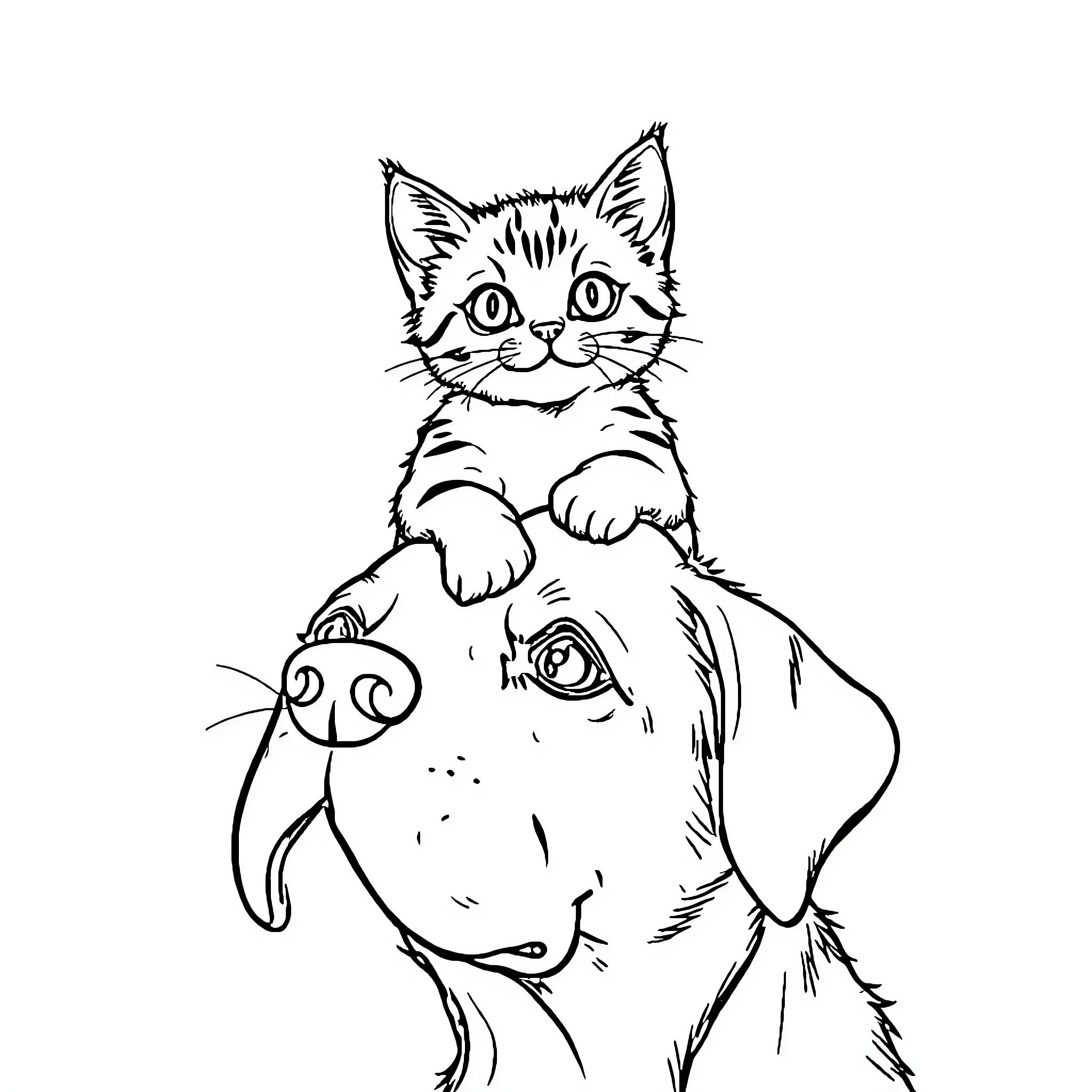 Cat perched playfully on dog's head Coloring Page (free black-and-white line drawing printable PDF for all, from beginners to advanced learners, including children, teens, adults, and seniors)