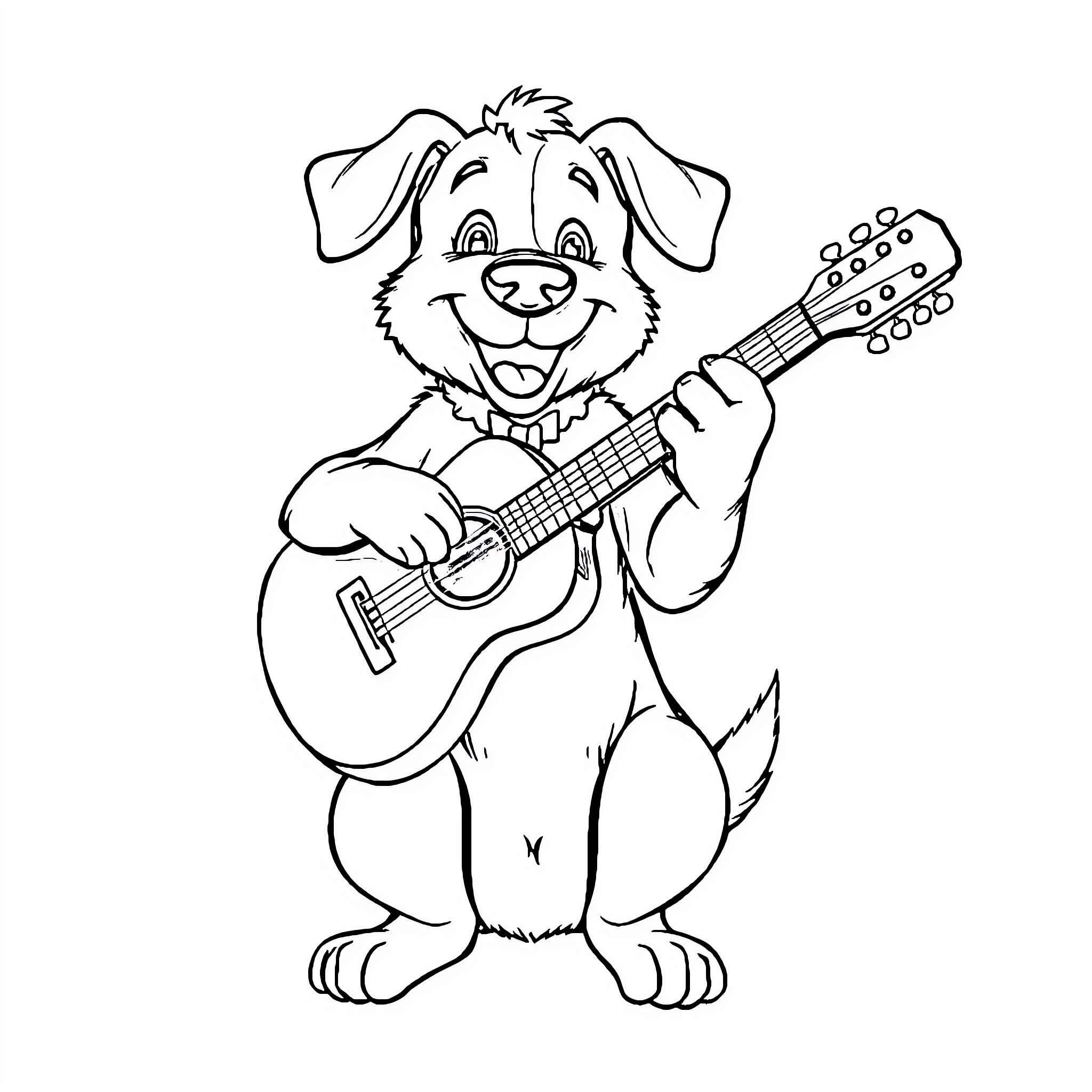 Dog playing guitar happily Coloring Page (free black-and-white line drawing printable PDF for all, from beginners to advanced learners, including children, teens, adults, and seniors)