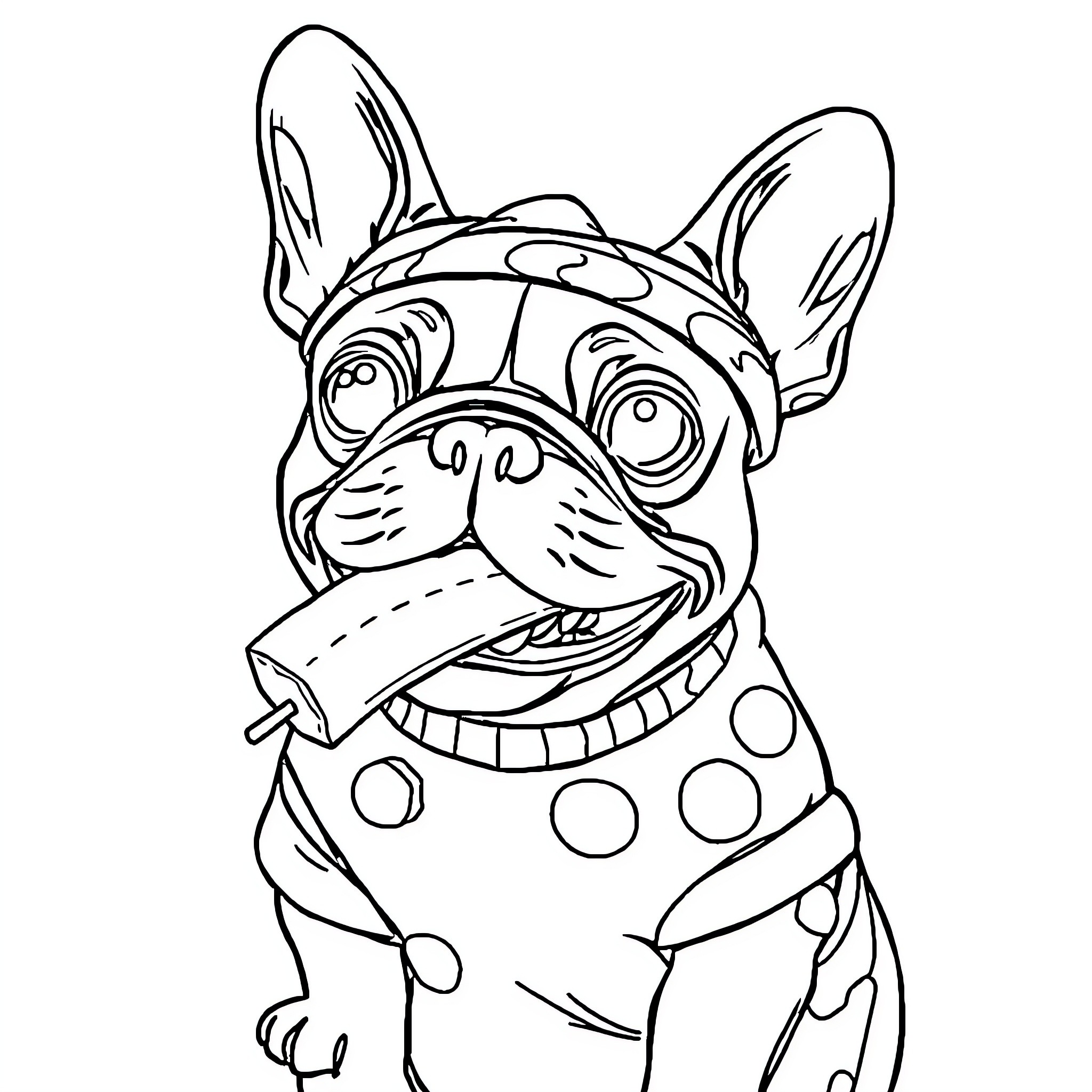 French Bulldog wearing a silly costume Coloring Page (free black-and-white line drawing printable PDF for all, from beginners to advanced learners, including children, teens, adults, and seniors)