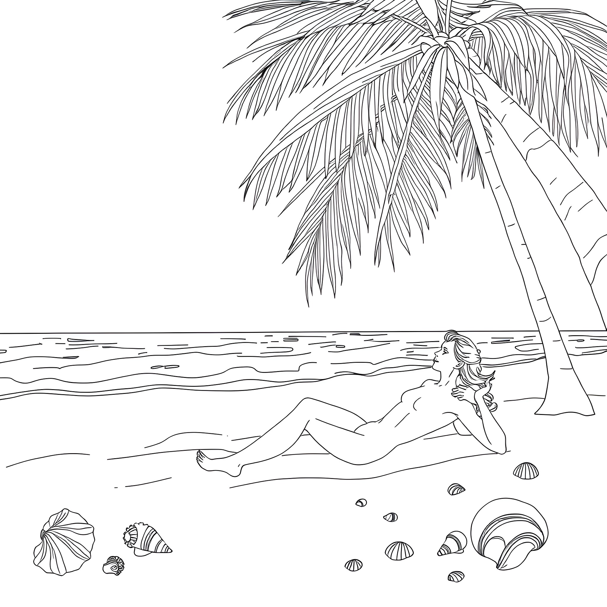Woman relaxing on tropical beach under palm trees Coloring Page (free black-and-white line drawing printable PDF for all, from beginners to advanced learners, including children, teens, adults, and seniors)