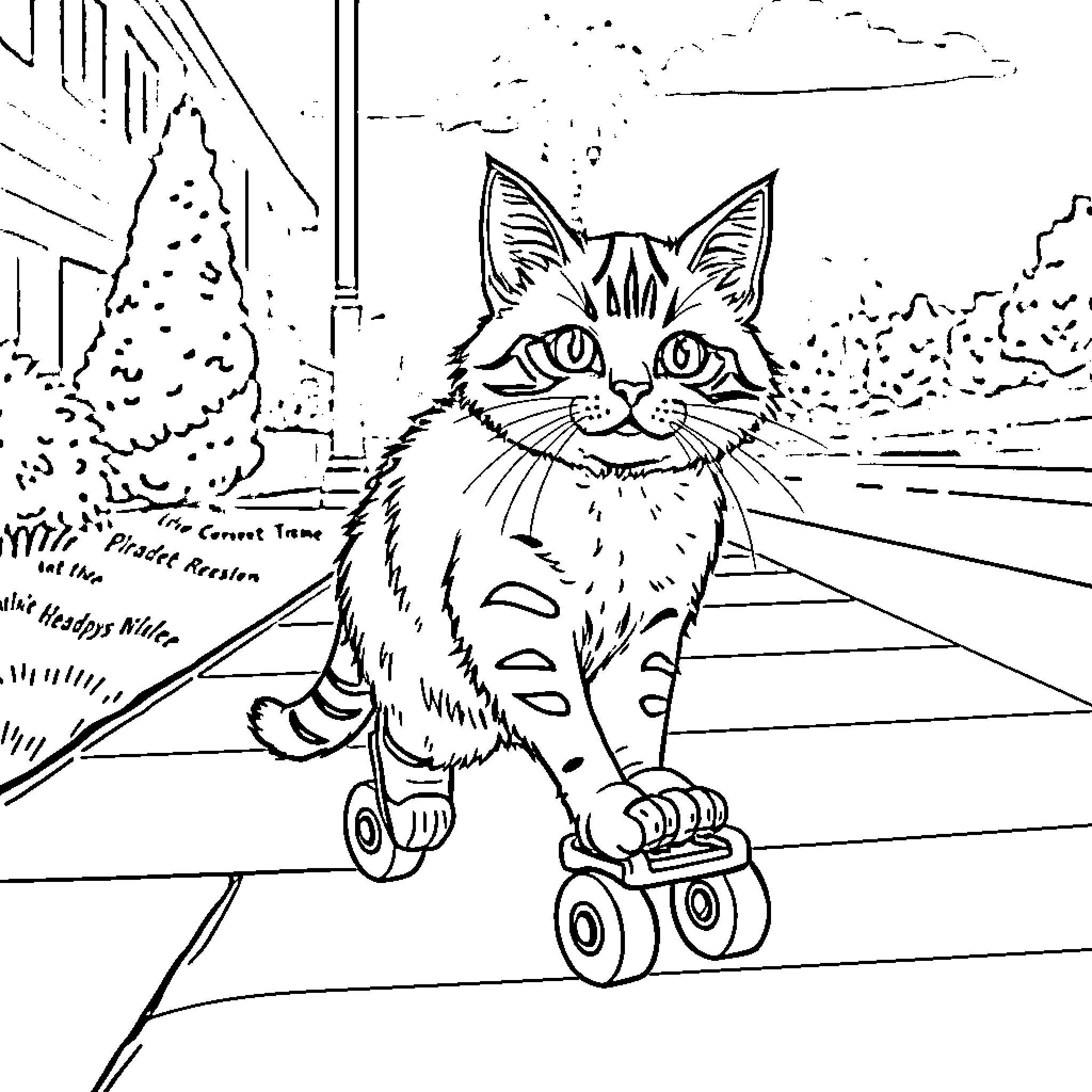 Bengal Cat on Roller Skates in Outdoor Scene Coloring Page (free black-and-white line drawing printable PDF for all, from beginners to advanced learners, including children, teens, adults, and seniors)