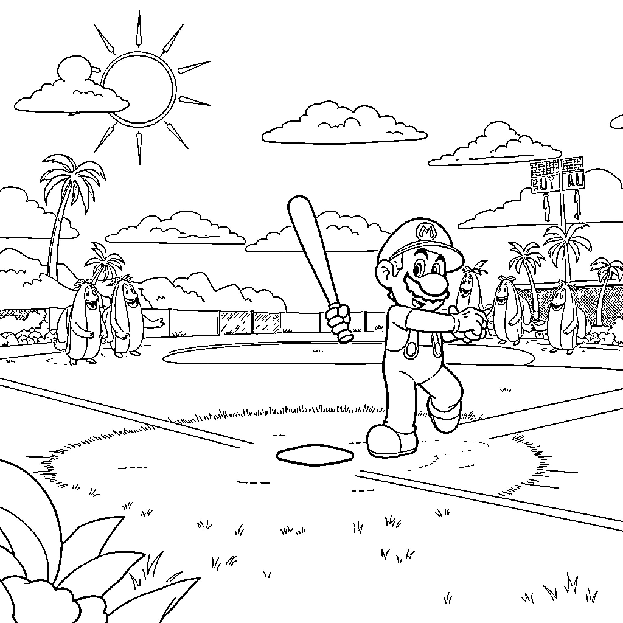 Mario's Beach Day Adventure Coloring Page (free black-and-white line drawing printable PDF for all, from beginners to advanced learners, including children, teens, adults, and seniors)