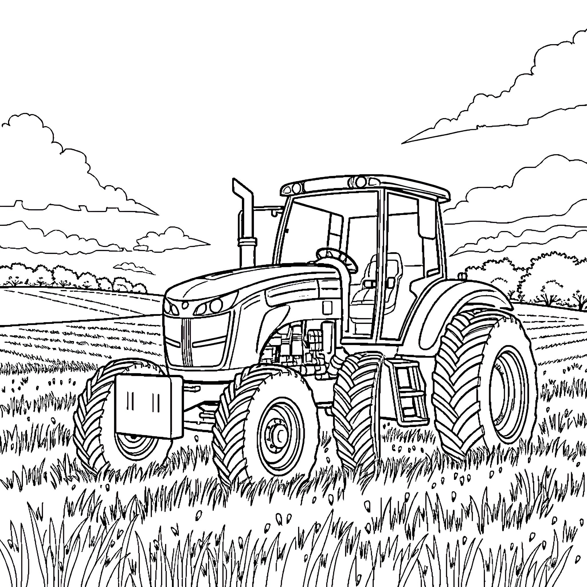 Tractor plowing through a scenic countryside landscape Coloring Page (free black-and-white line drawing printable PDF for all, from beginners to advanced learners, including children, teens, adults, and seniors)