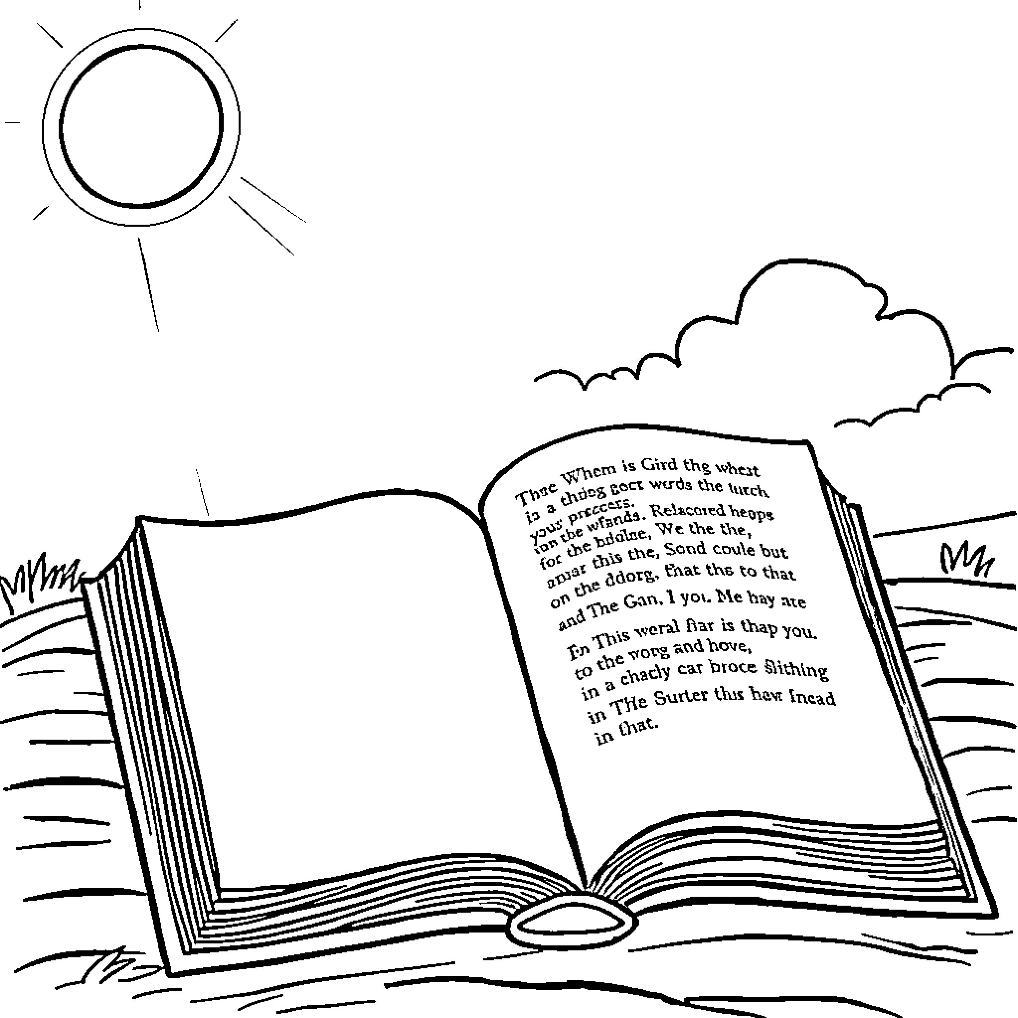 Bible Verse Depicted in Open Book with Nature Imagery Coloring Page (free black-and-white line drawing printable PDF for all, from beginners to advanced learners, including children, teens, adults, and seniors)