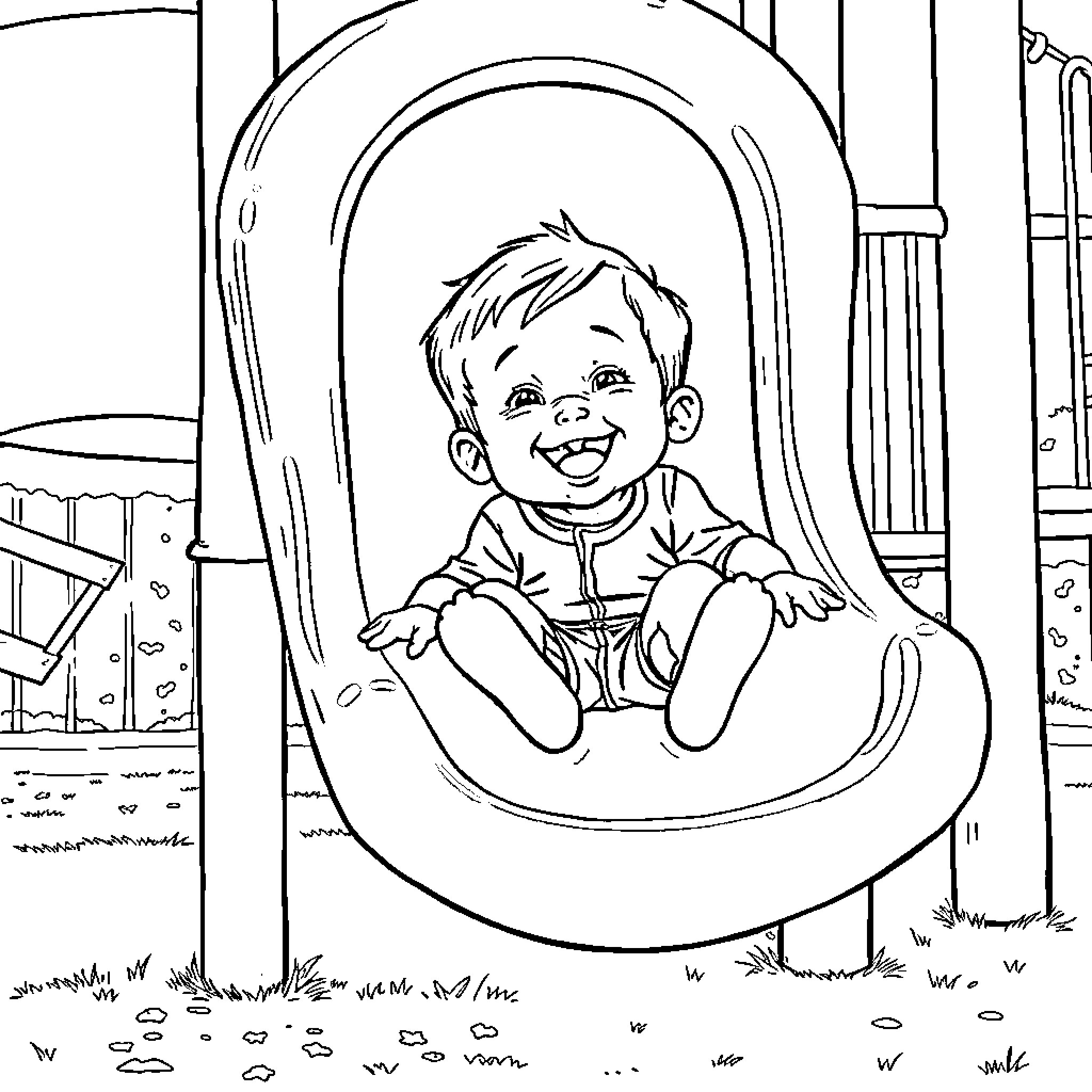 Child playing happily on playground swing Coloring Page (free black-and-white line drawing printable PDF for all, from beginners to advanced learners, including children, teens, adults, and seniors)