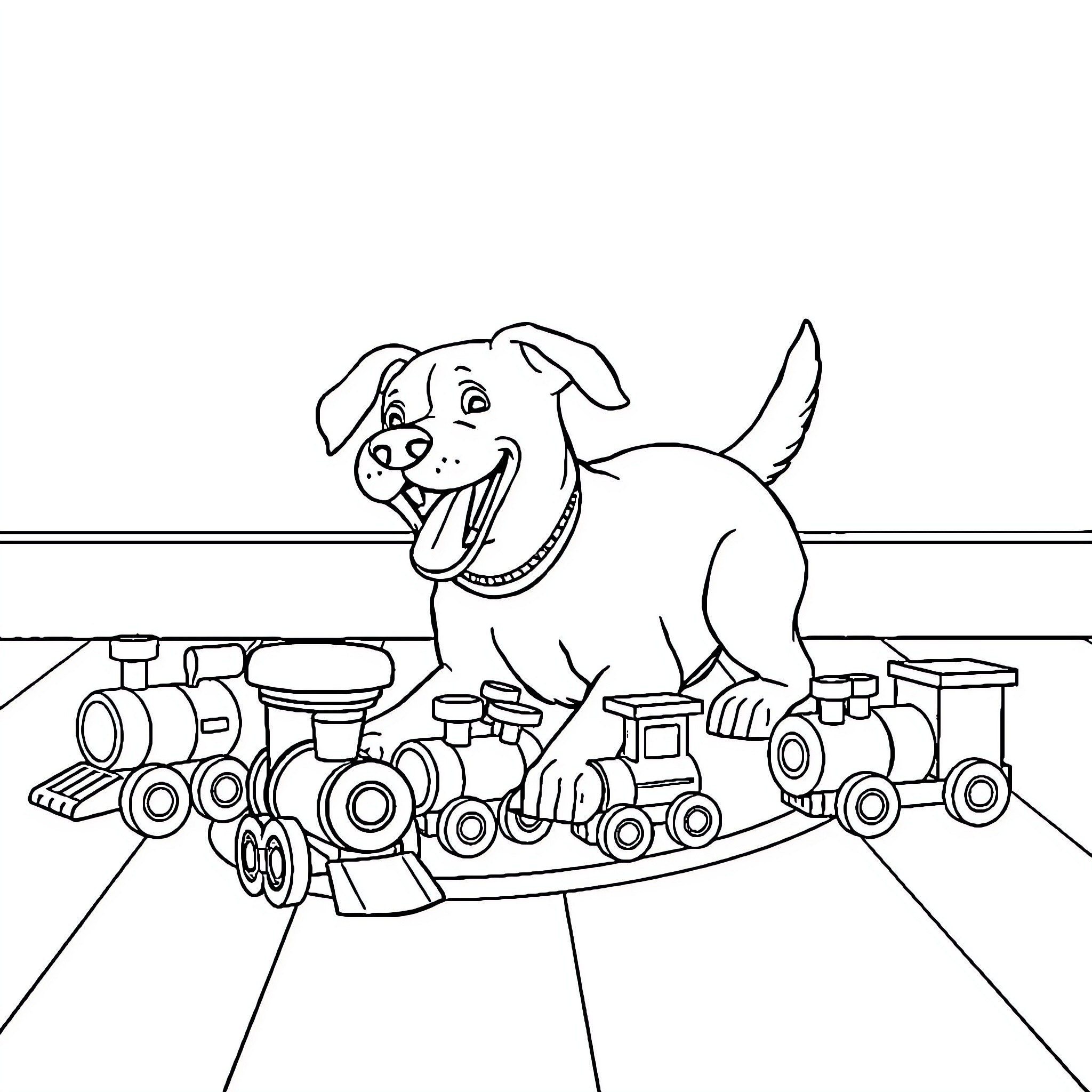 Dog playing with toy trains Coloring Page (free black-and-white line drawing printable PDF for all, from beginners to advanced learners, including children, teens, adults, and seniors)