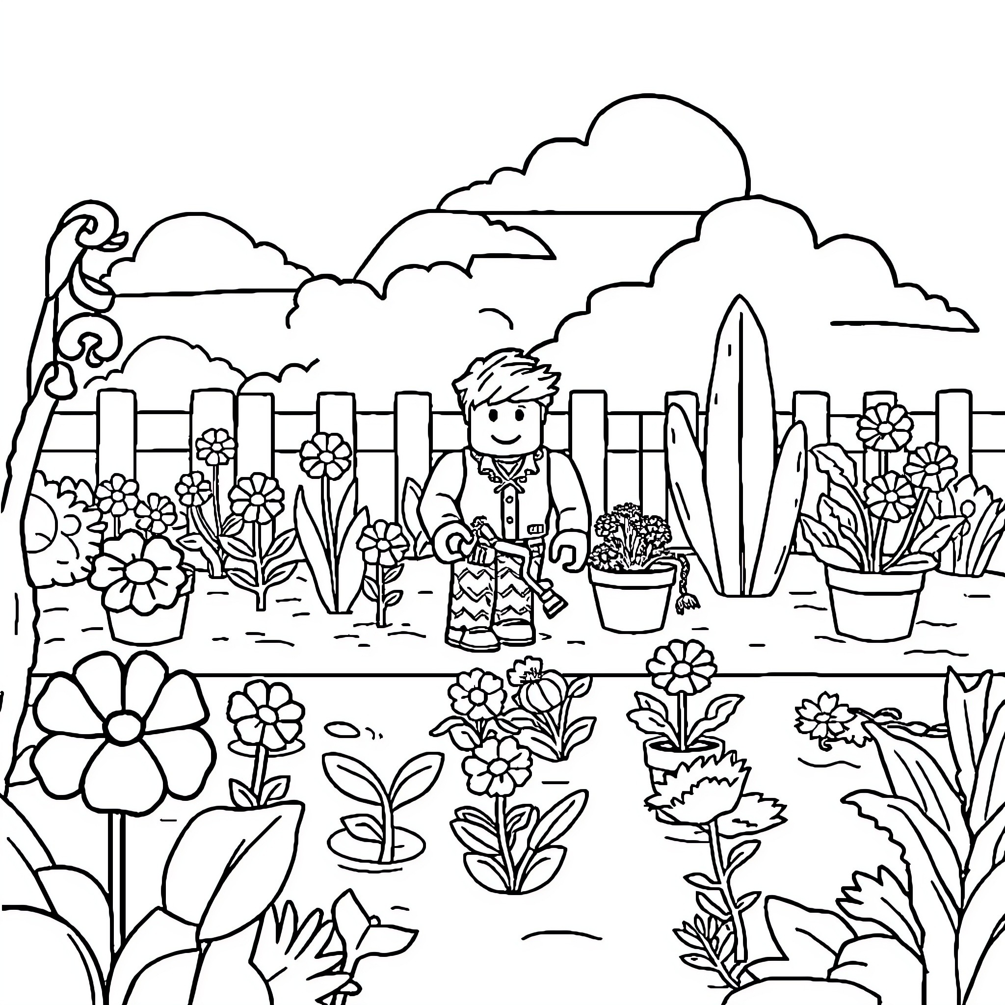 Roblox Characters Gardening and Enjoying Nature Coloring Page (free black-and-white line drawing printable PDF for all, from beginners to advanced learners, including children, teens, adults, and seniors)