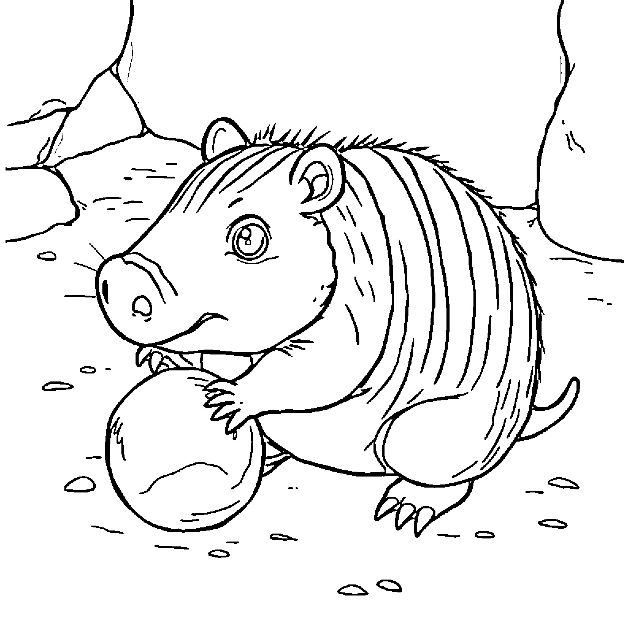 Pig exploring the rocky terrain Coloring Page (free black-and-white line drawing printable PDF for all, from beginners to advanced learners, including children, teens, adults, and seniors)