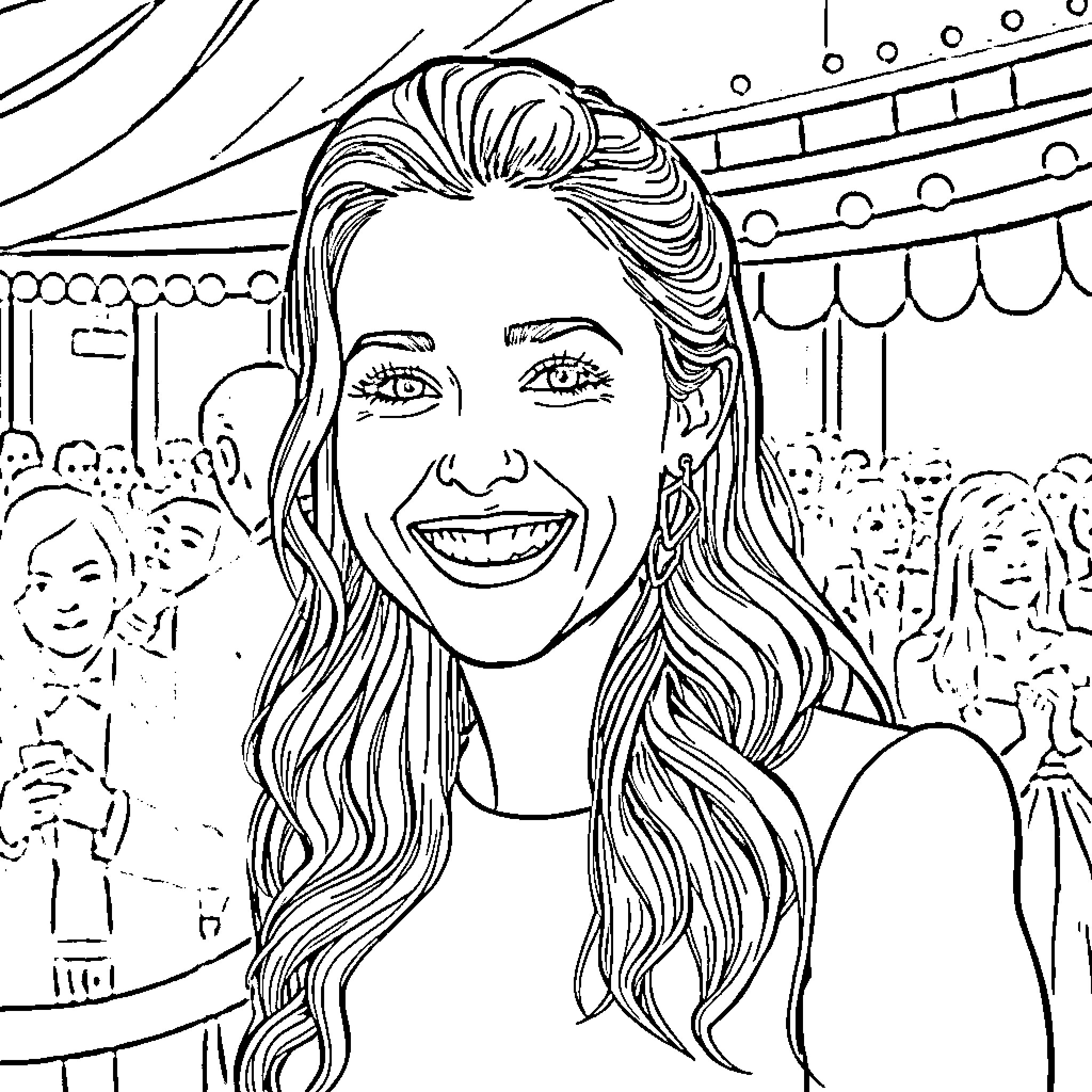 Sydney Sweeney smiling joyfully at event Coloring Page (free black-and-white line drawing printable PDF for all, from beginners to advanced learners, including children, teens, adults, and seniors)
