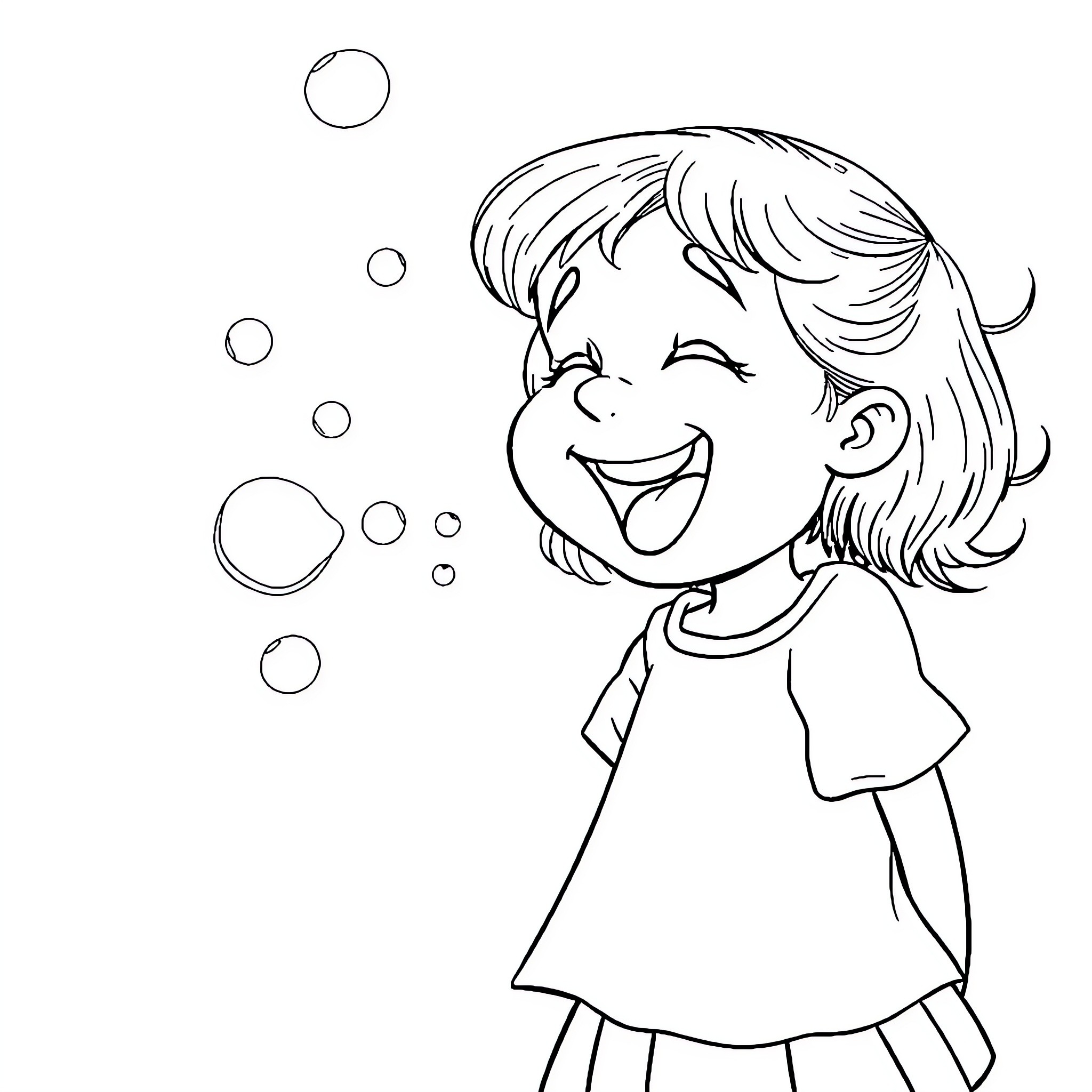 Girl blowing and playing with bubbles happily Coloring Page (free black-and-white line drawing printable PDF for all, from beginners to advanced learners, including children, teens, adults, and seniors)