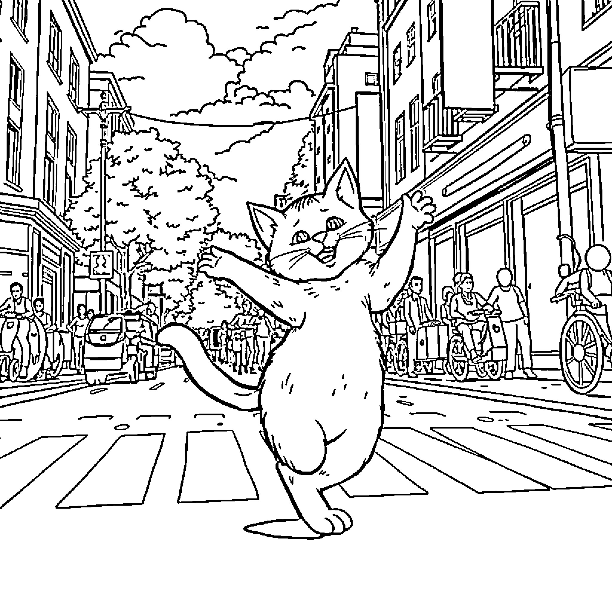 Cat exploring the bustling city street Coloring Page (free black-and-white line drawing printable PDF for all, from beginners to advanced learners, including children, teens, adults, and seniors)