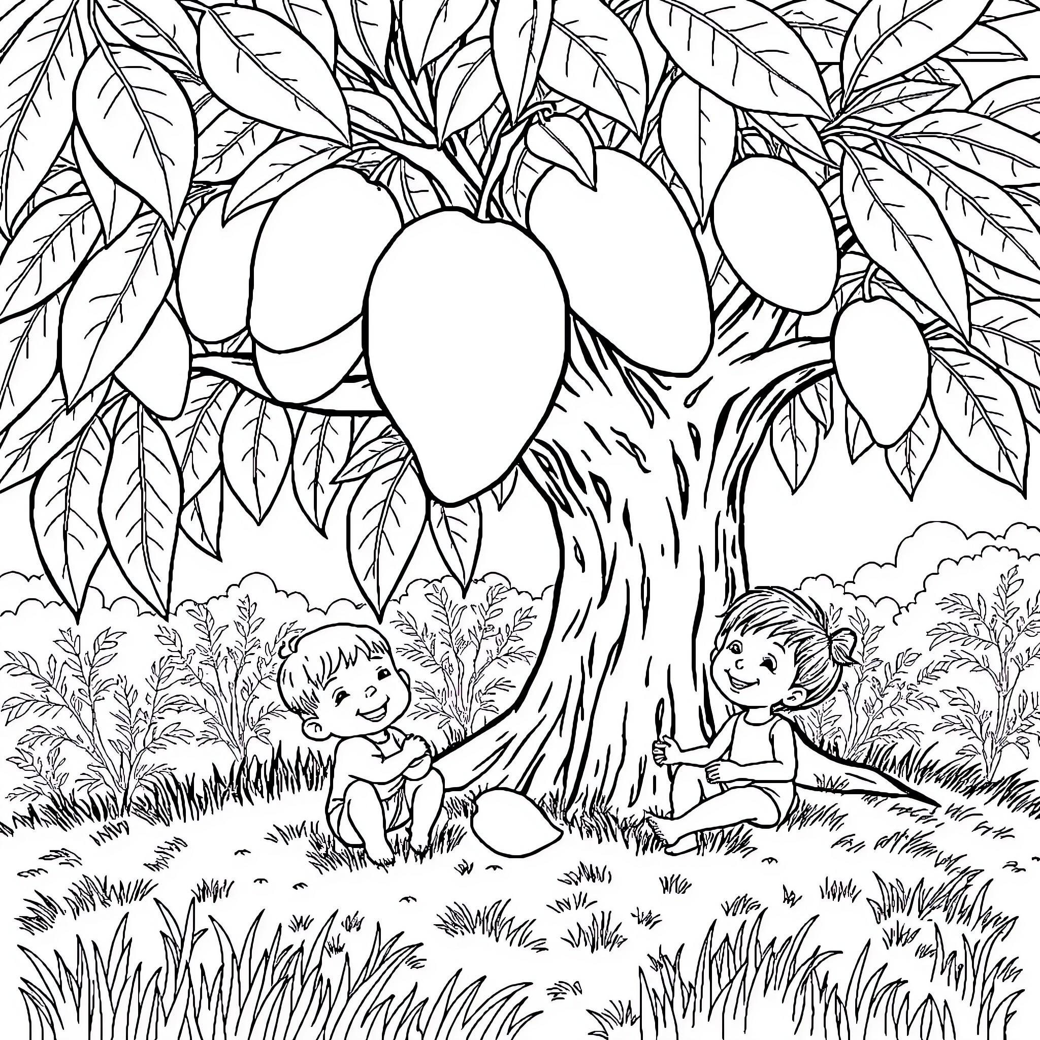Child Playing Under Mango Tree Coloring Page (free black-and-white line drawing printable PDF for all, from beginners to advanced learners, including children, teens, adults, and seniors)