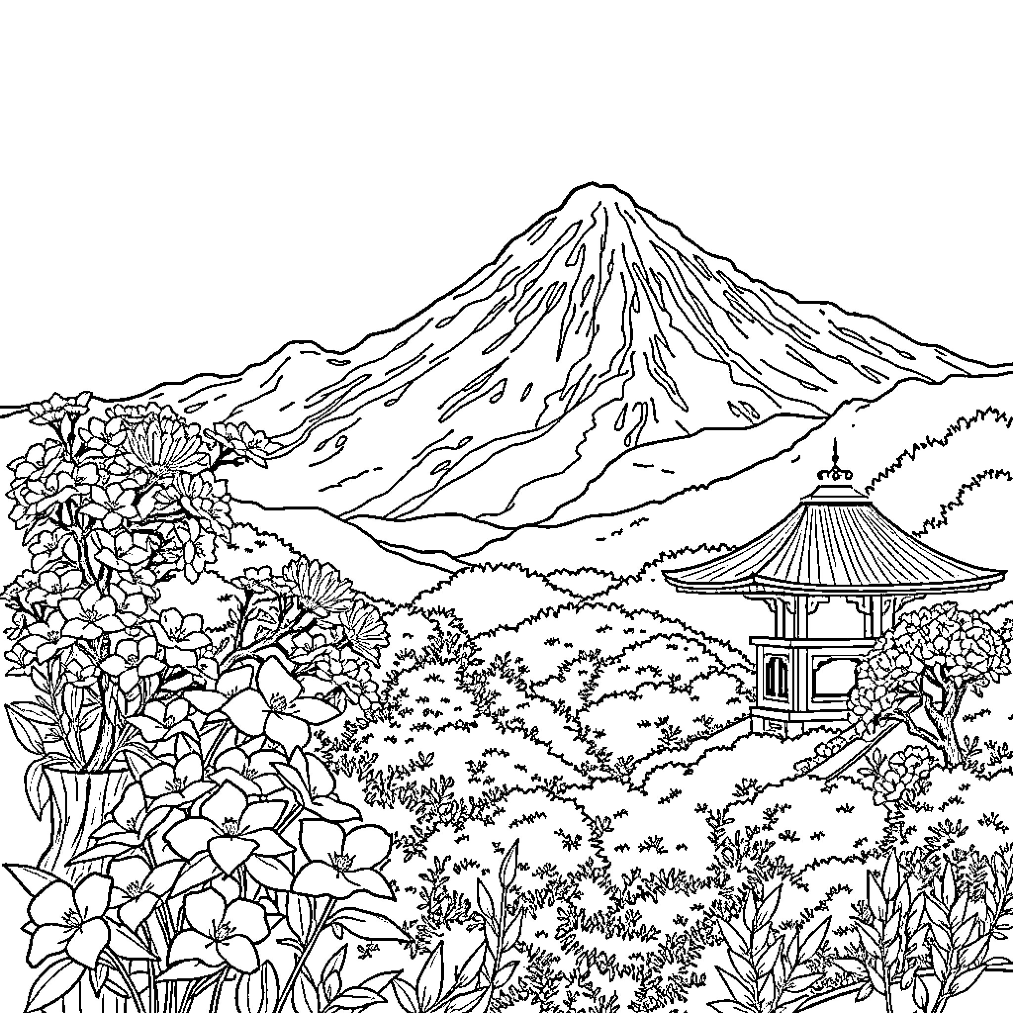 Japanese Landscape with Pagoda and Floral Scenery Coloring Page (free black-and-white line drawing printable PDF for all, from beginners to advanced learners, including children, teens, adults, and seniors)