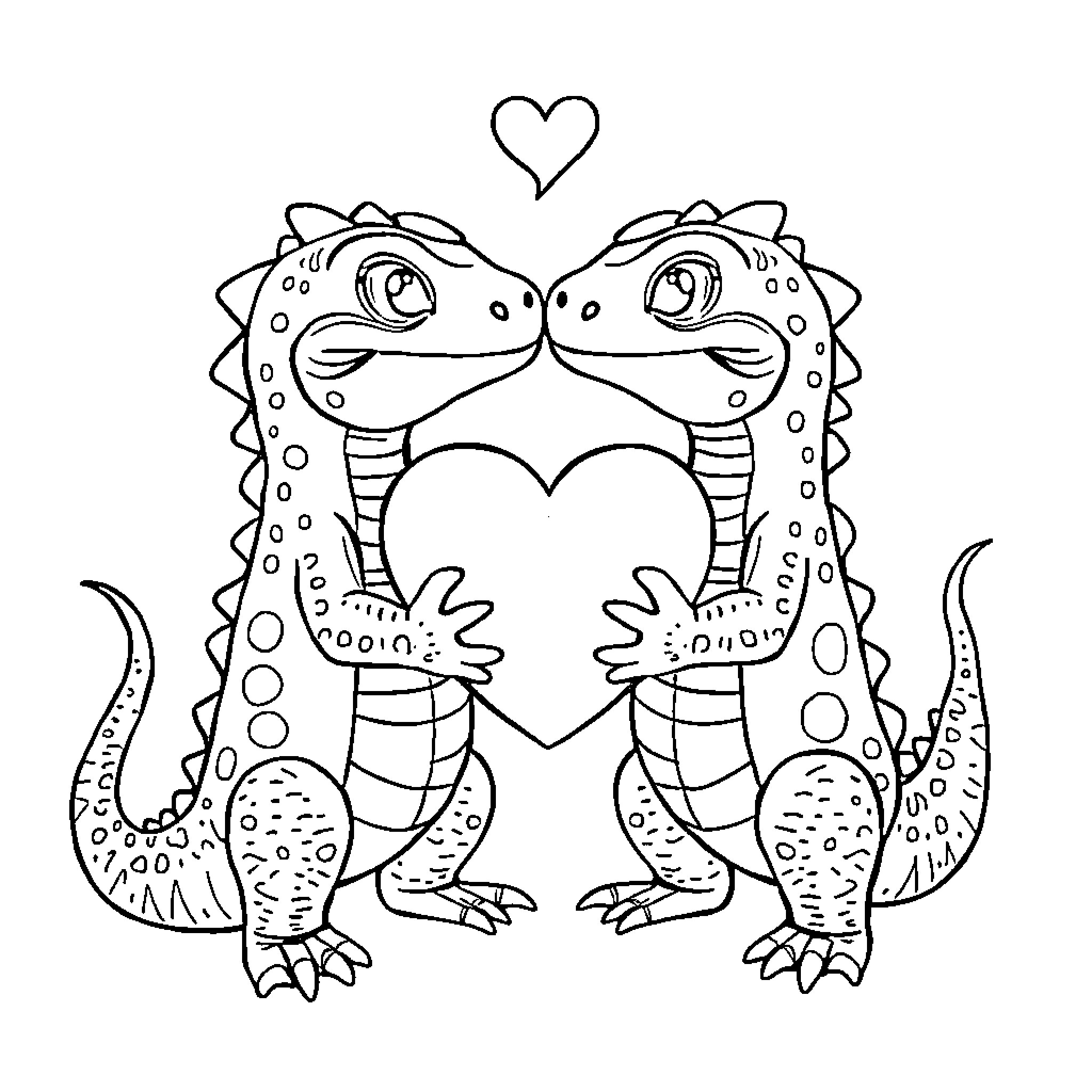 Komodo Dragons sharing a heart Coloring Page (free black-and-white line drawing printable PDF for all, from beginners to advanced learners, including children, teens, adults, and seniors)