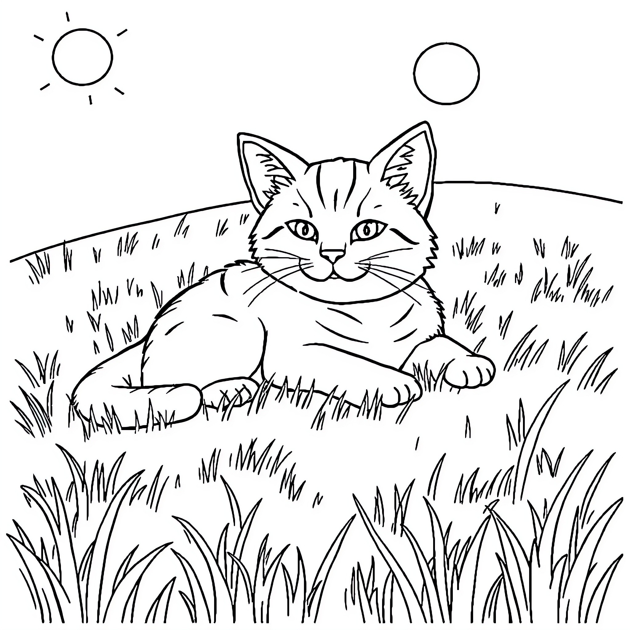 Cat resting in the grass under the sun Coloring Page (free black-and-white line drawing printable PDF for all, from beginners to advanced learners, including children, teens, adults, and seniors)