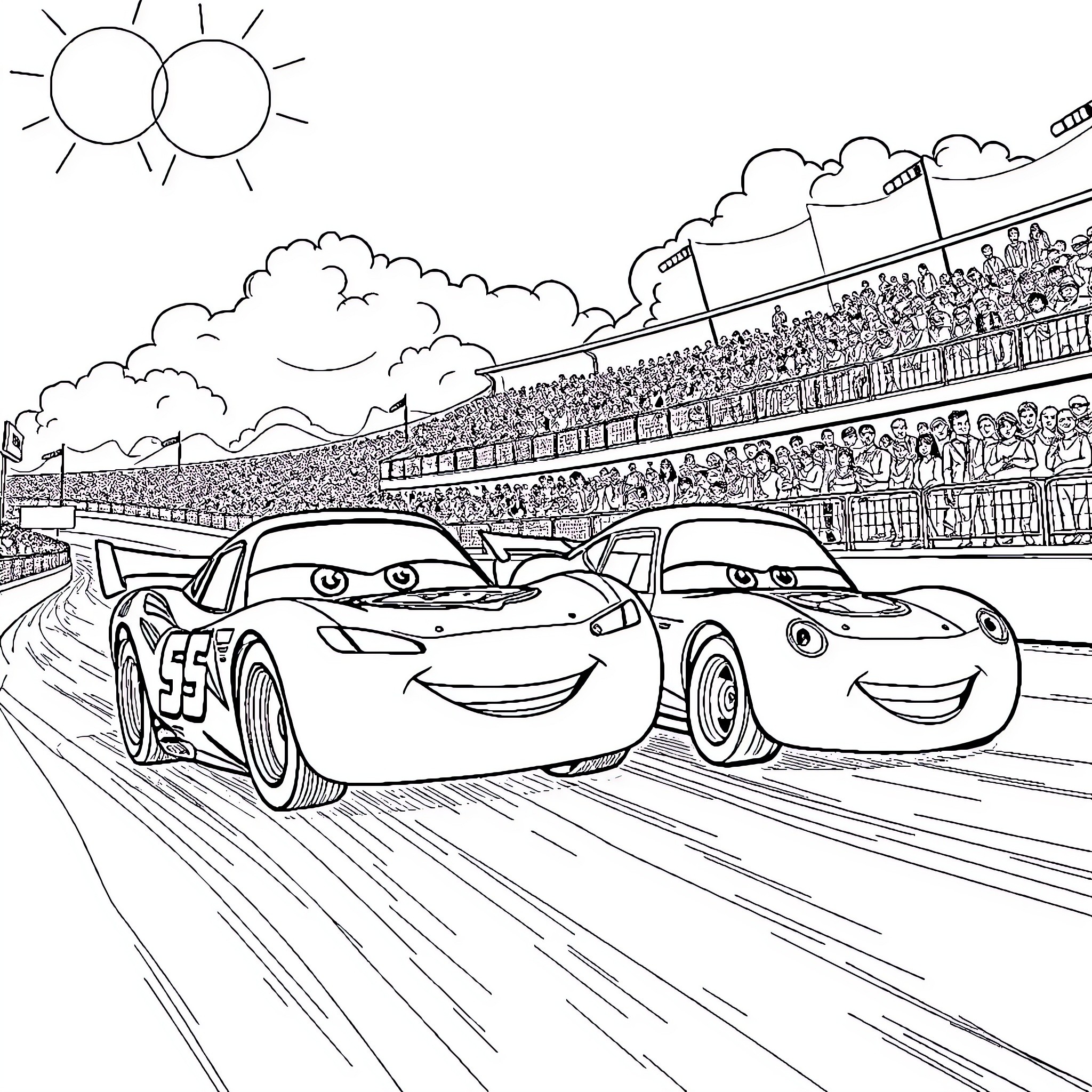 Lightning McQueen racing with his friend on the track Coloring Page (free black-and-white line drawing printable PDF for all, from beginners to advanced learners, including children, teens, adults, and seniors)