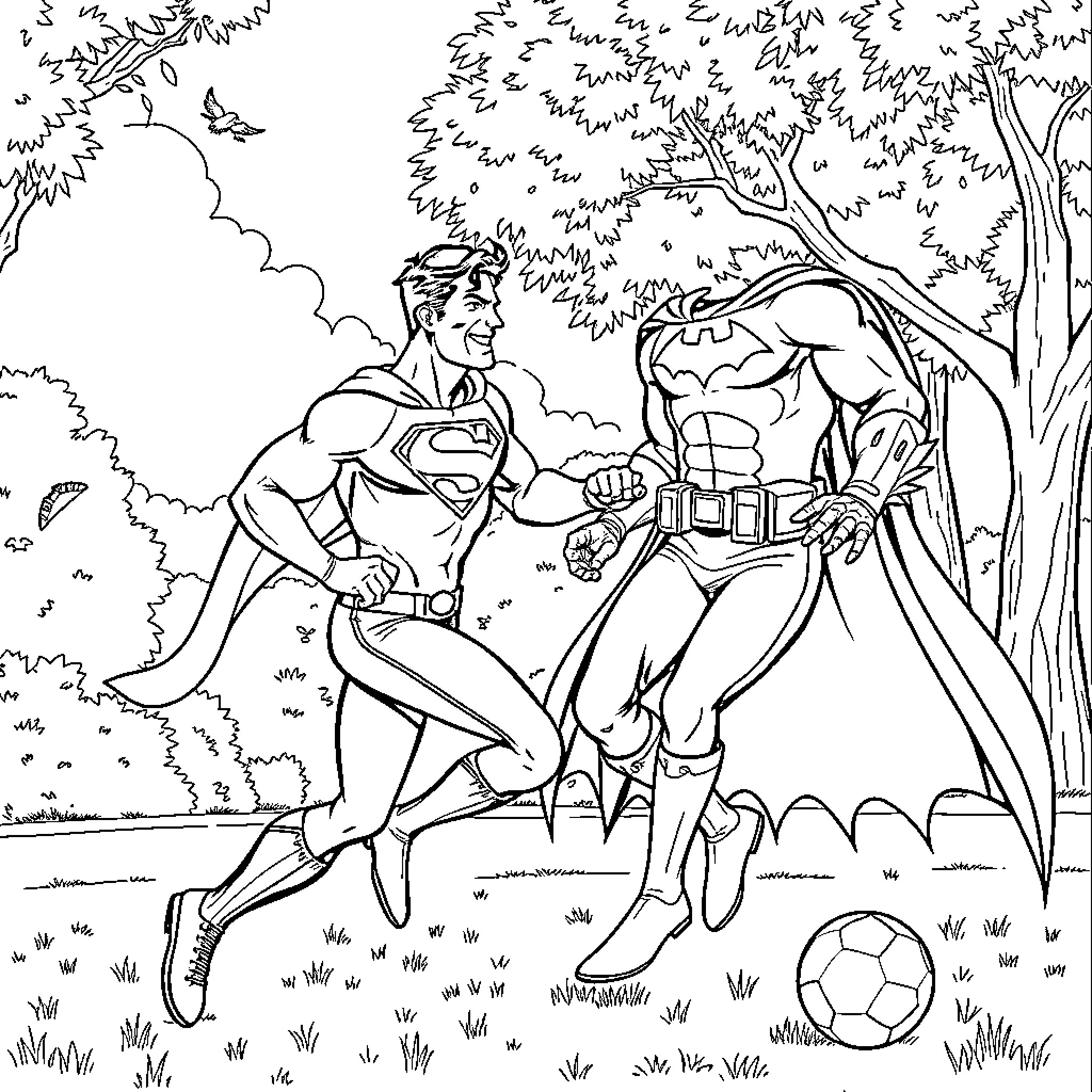 Superman and Batman playing soccer in the park Coloring Page (free black-and-white line drawing printable PDF for all, from beginners to advanced learners, including children, teens, adults, and seniors)