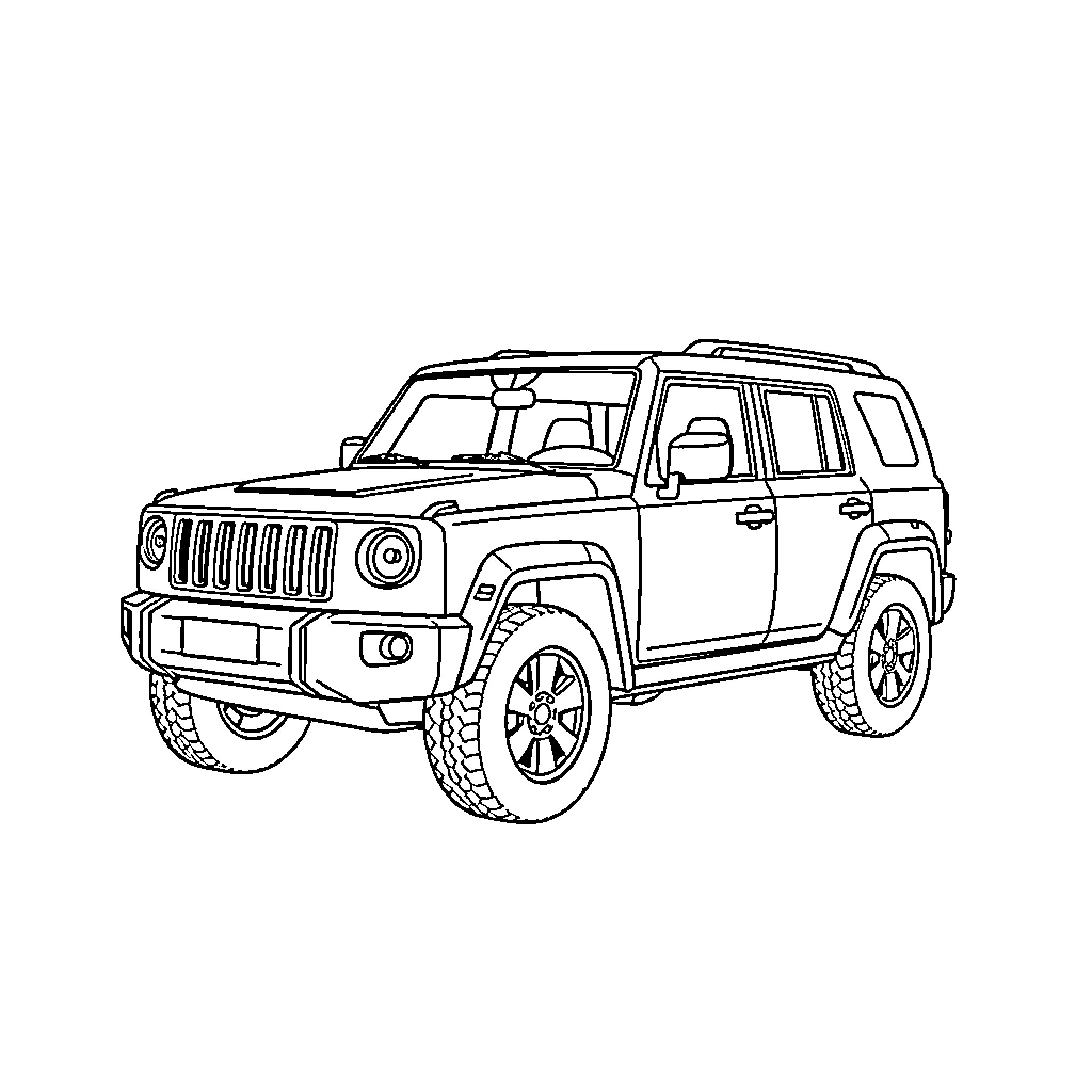SUV with rugged design and off-road features Coloring Page (free black-and-white line drawing printable PDF for all, from beginners to advanced learners, including children, teens, adults, and seniors)