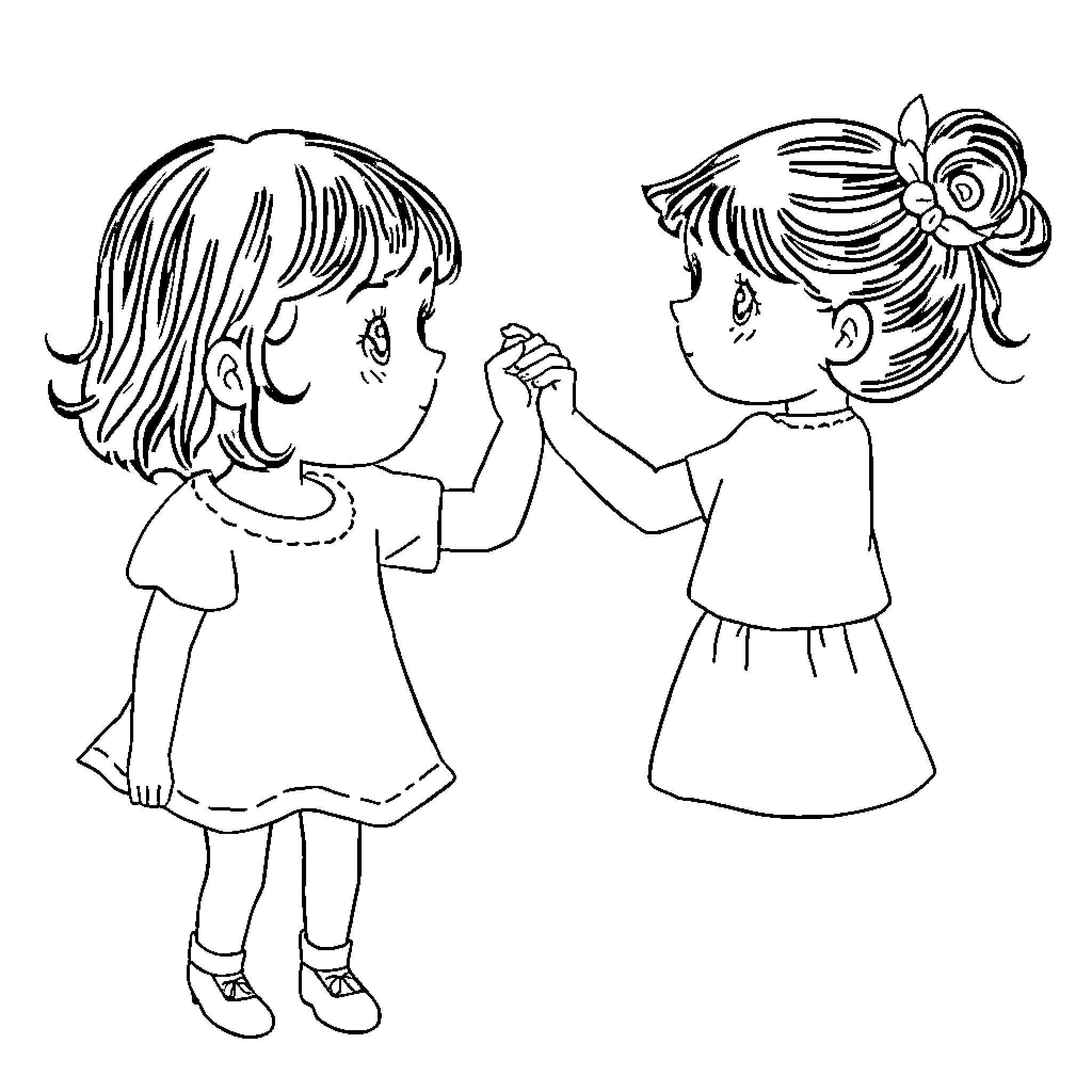 Girls Playing Happily Together Coloring Page (free black-and-white line drawing printable PDF for all, from beginners to advanced learners, including children, teens, adults, and seniors)