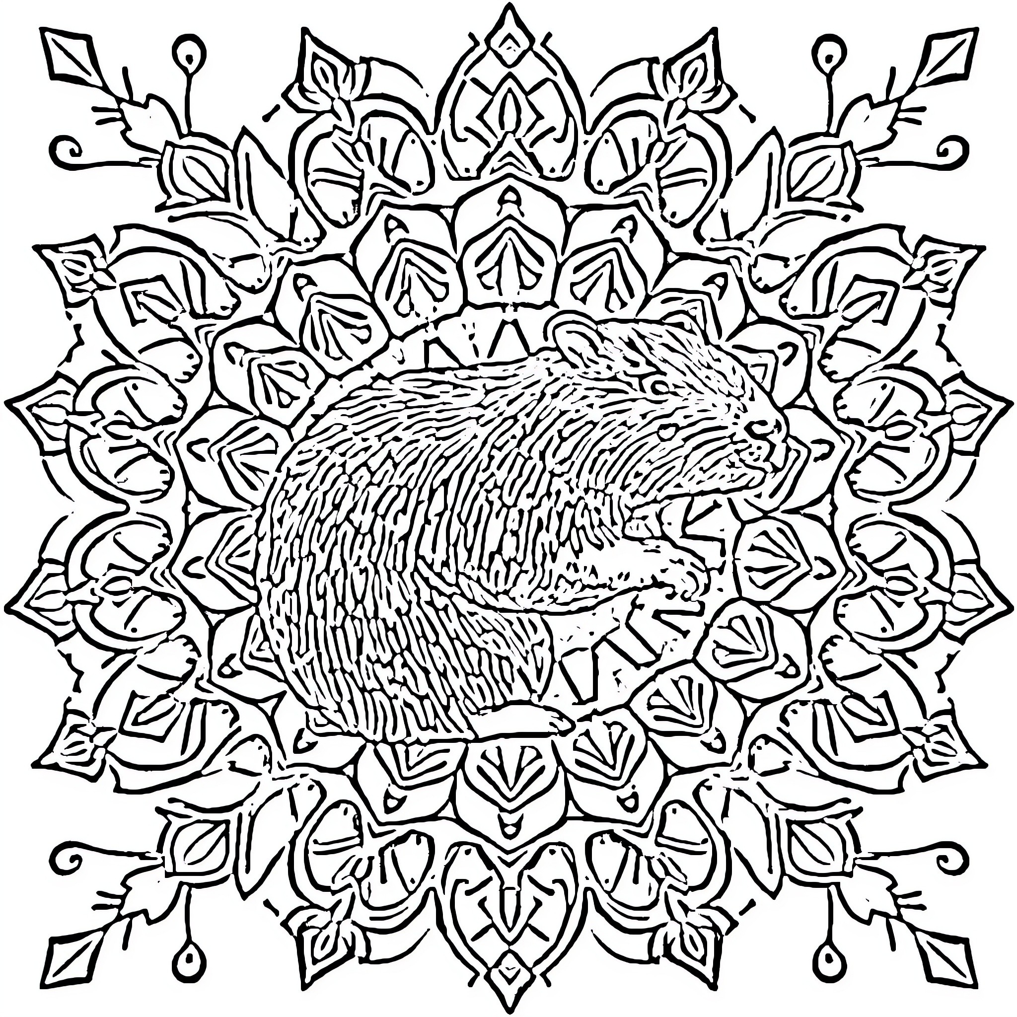 Capybara surrounded by intricate mandala-like pattern Coloring Page (free black-and-white line drawing printable PDF for all, from beginners to advanced learners, including children, teens, adults, and seniors)
