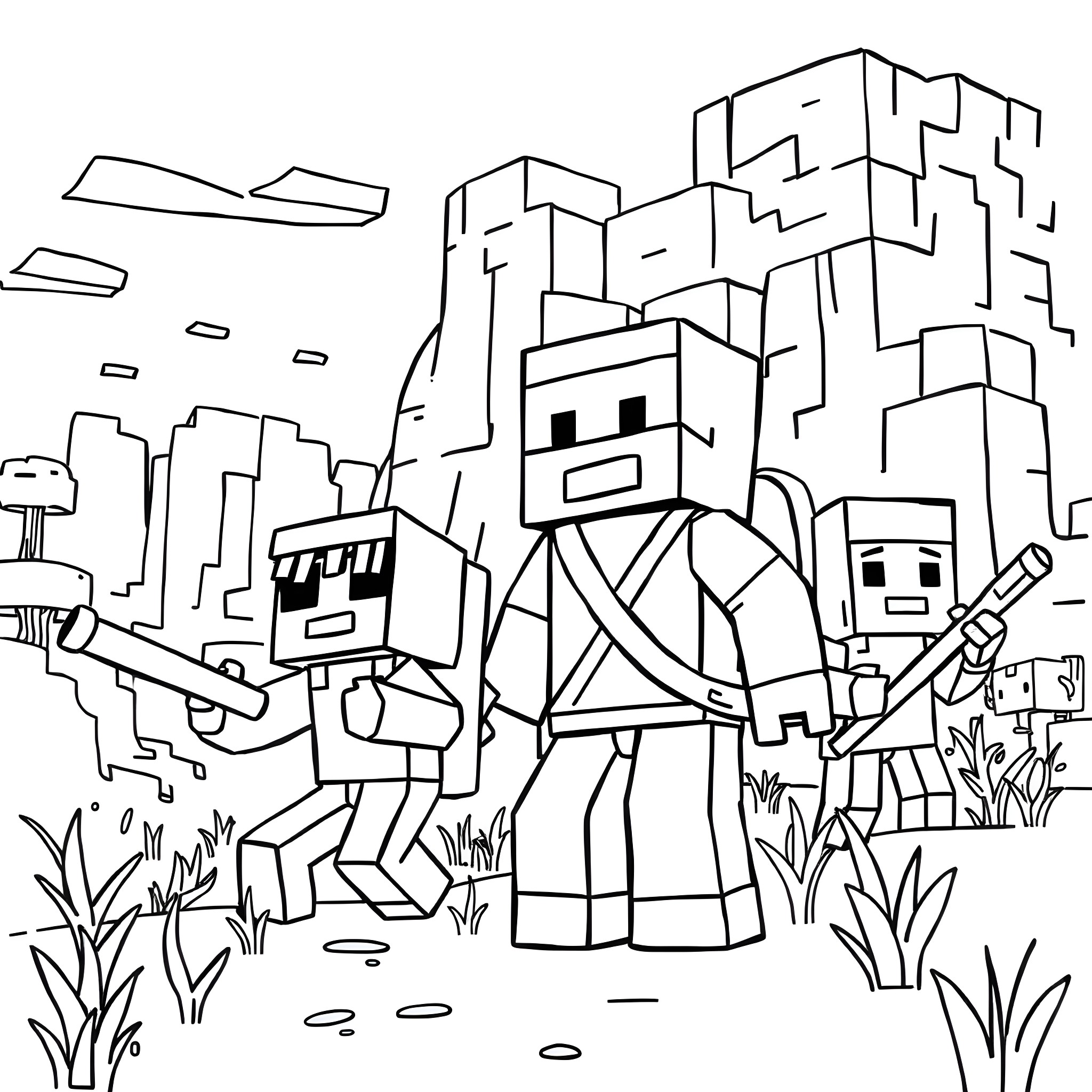 Among Us Characters Exploring the Minecraft World Coloring Page (free black-and-white line drawing printable PDF for all, from beginners to advanced learners, including children, teens, adults, and seniors)