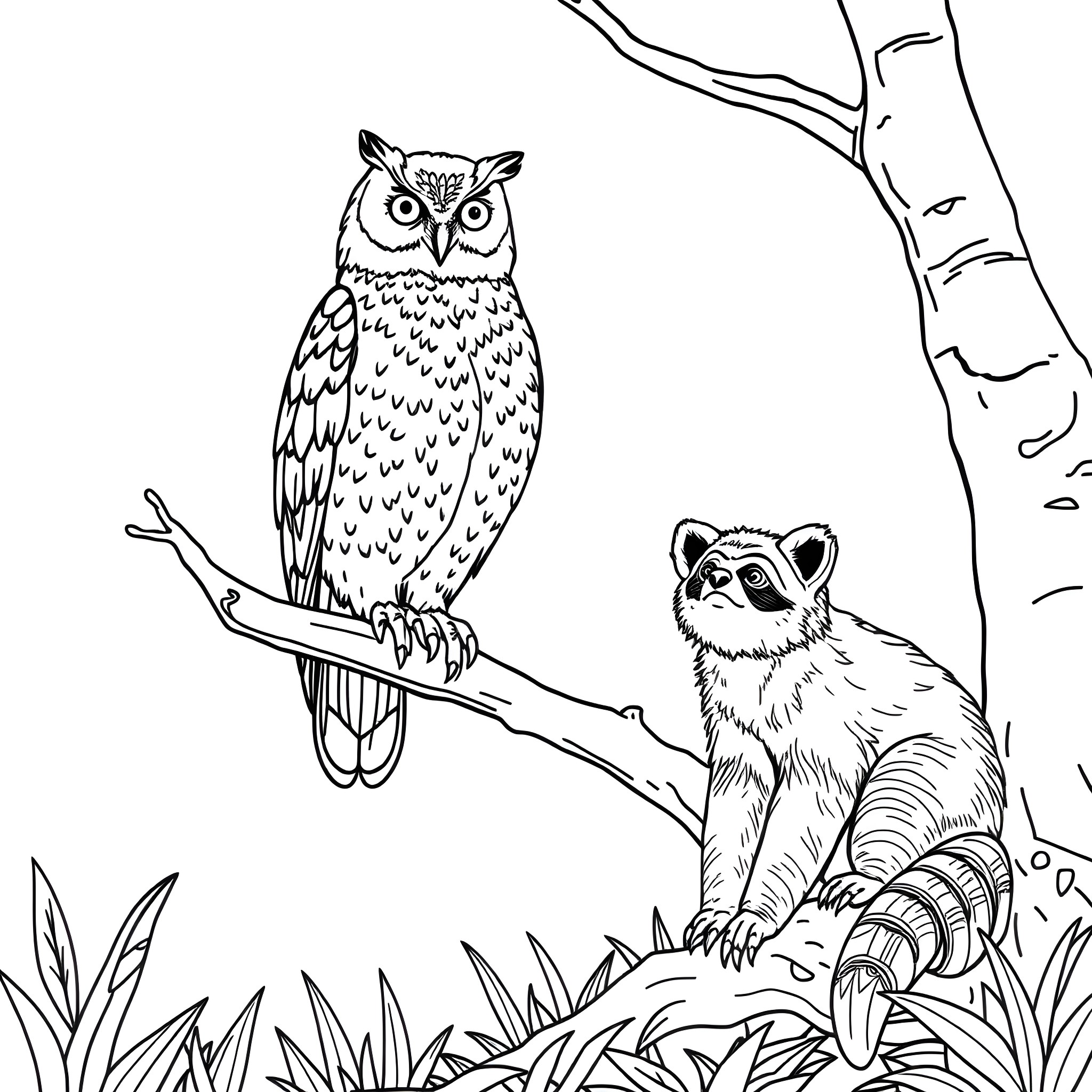 Owl and Raccoon in Forest Scene Coloring Page (free black-and-white line drawing printable PDF for all, from beginners to advanced learners, including children, teens, adults, and seniors)