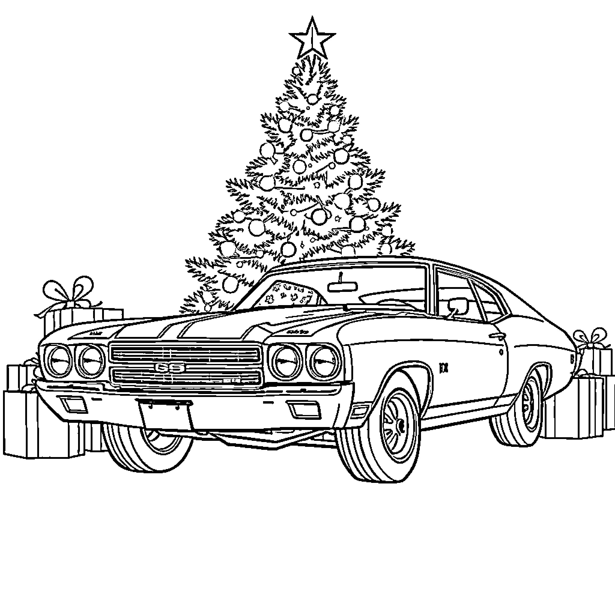 Car decorated for Christmas with gifts Coloring Page (free black-and-white line drawing printable PDF for all, from beginners to advanced learners, including children, teens, adults, and seniors)