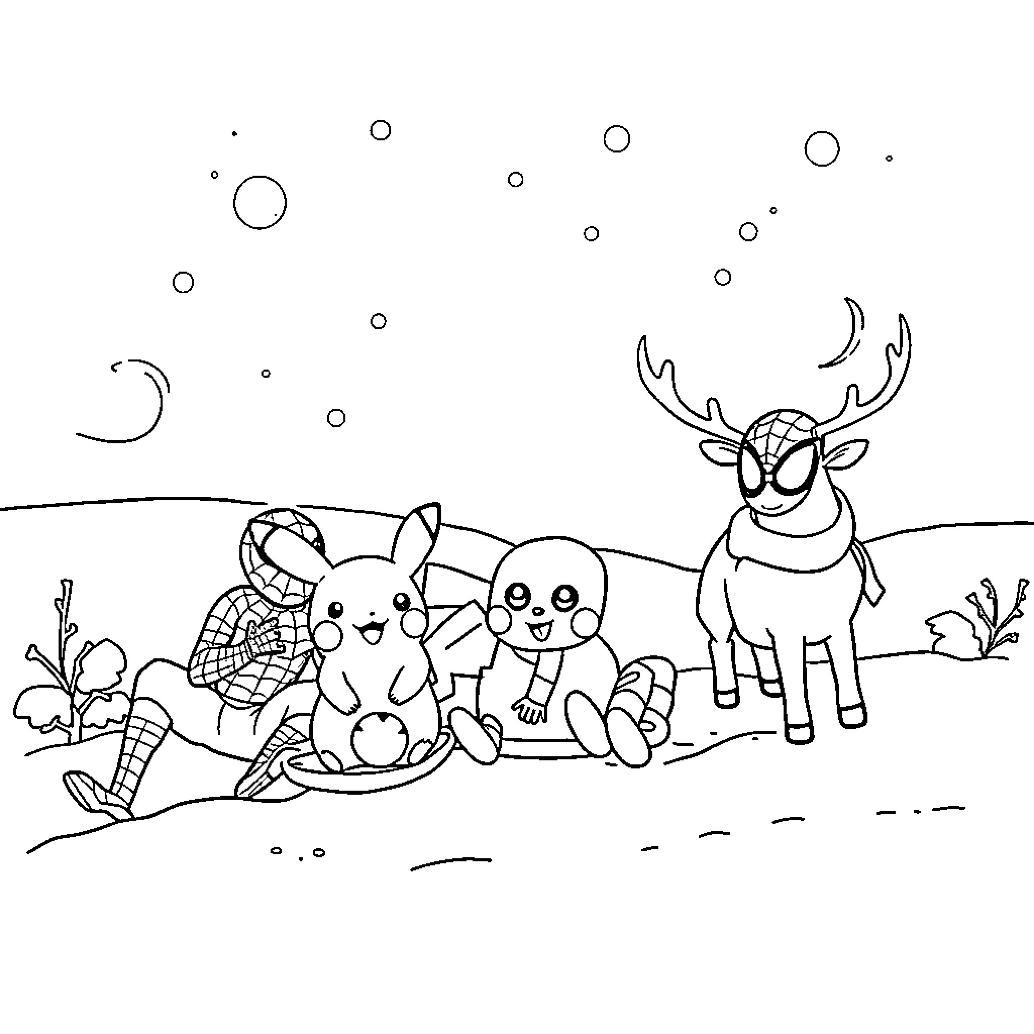 Pikachu and Friends in a Whimsical Nighttime Scene Coloring Page (free black-and-white line drawing printable PDF for all, from beginners to advanced learners, including children, teens, adults, and seniors)