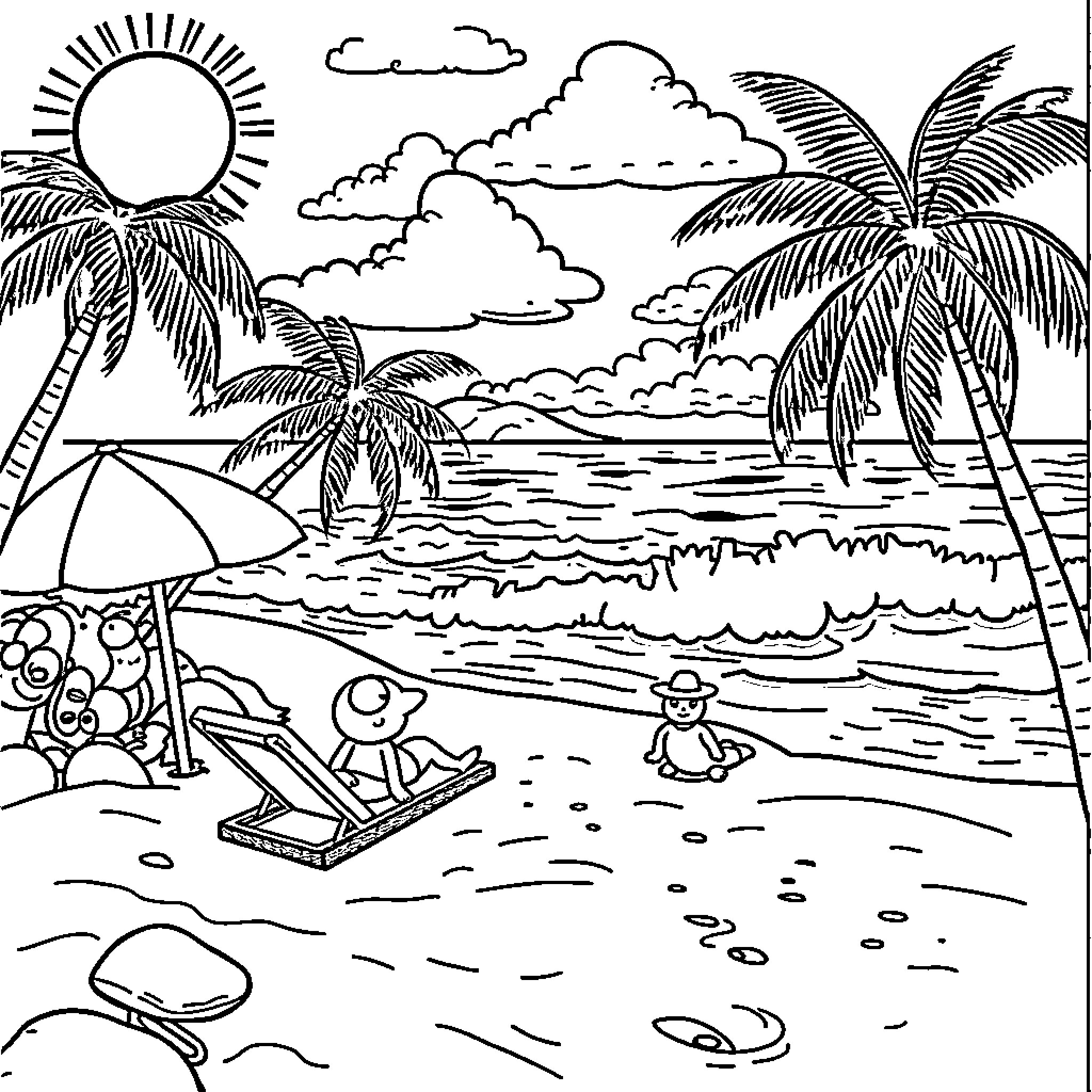 Beach scenery with people enjoying the outdoors Coloring Page (free black-and-white line drawing printable PDF for all, from beginners to advanced learners, including children, teens, adults, and seniors)