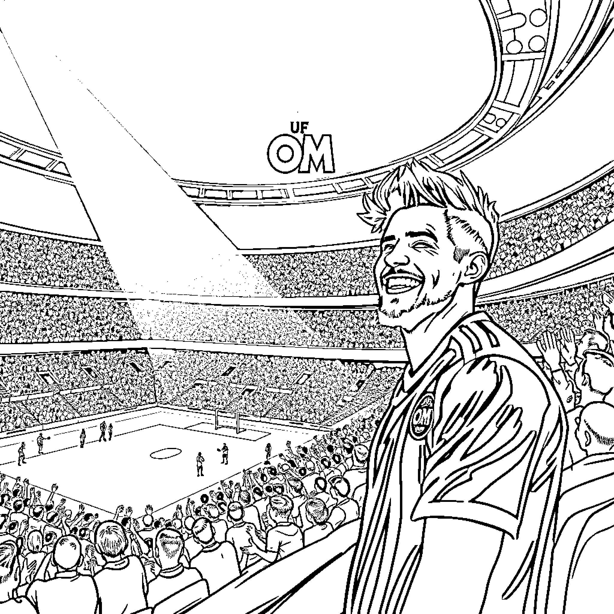 Logo of Sports Player Celebrating Victory in Stadium Coloring Page (free black-and-white line drawing printable PDF for all, from beginners to advanced learners, including children, teens, adults, and seniors)