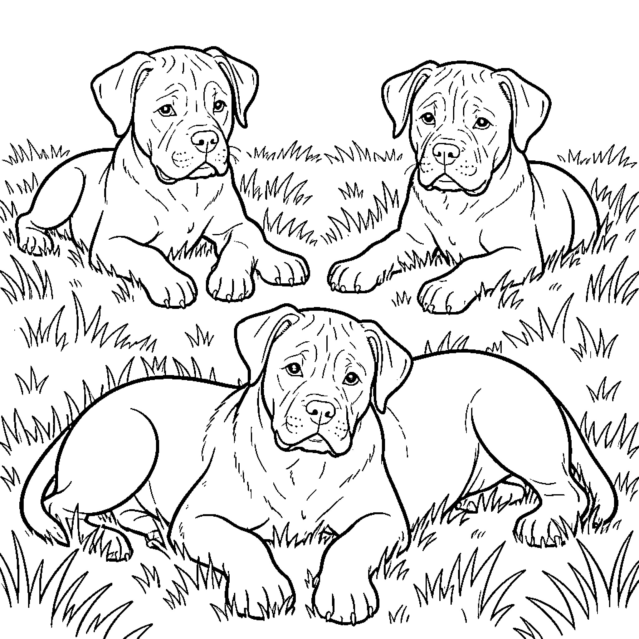 Cane Corso puppies resting together in the grass Coloring Page (free black-and-white line drawing printable PDF for all, from beginners to advanced learners, including children, teens, adults, and seniors)