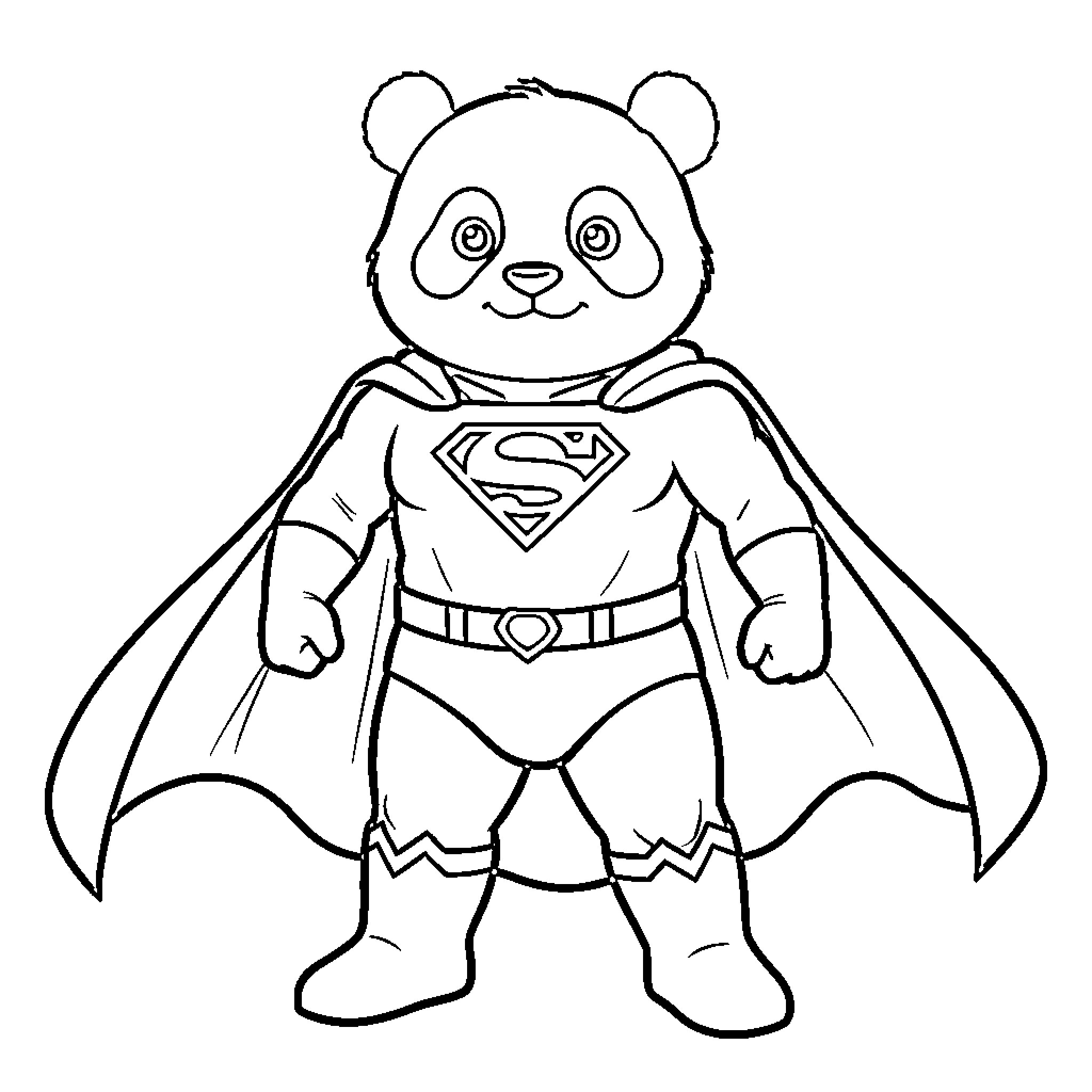 Panda dressed as a superhero wearing a cape Coloring Page (free black-and-white line drawing printable PDF for all, from beginners to advanced learners, including children, teens, adults, and seniors)