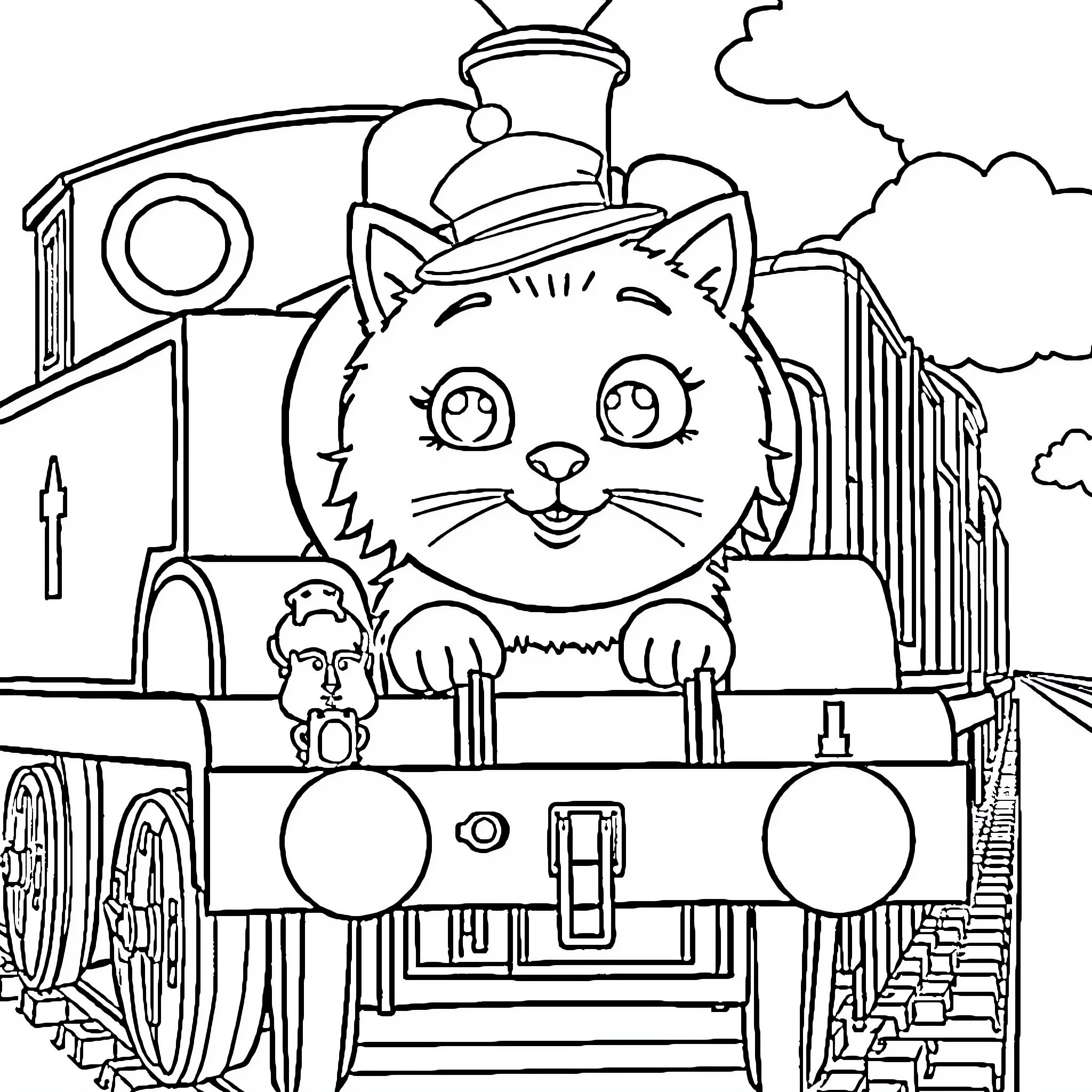 Cat riding a steam train locomotive Coloring Page (free black-and-white line drawing printable PDF for all, from beginners to advanced learners, including children, teens, adults, and seniors)