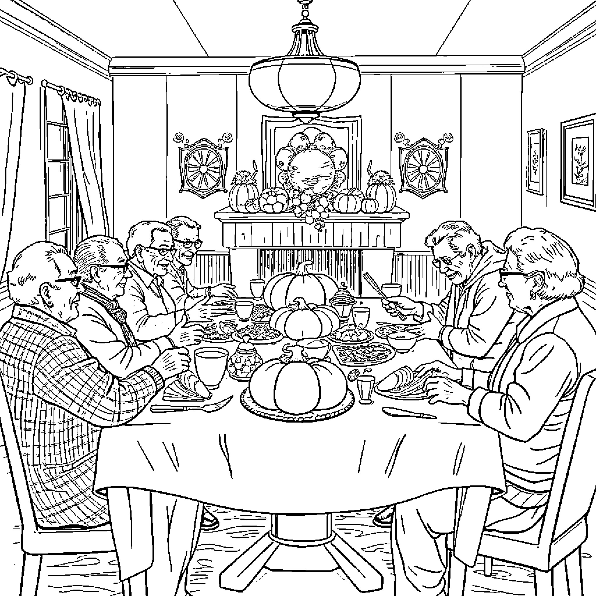 Seniors Gather for a Festive Meal Together Coloring Page (free black-and-white line drawing printable PDF for all, from beginners to advanced learners, including children, teens, adults, and seniors)