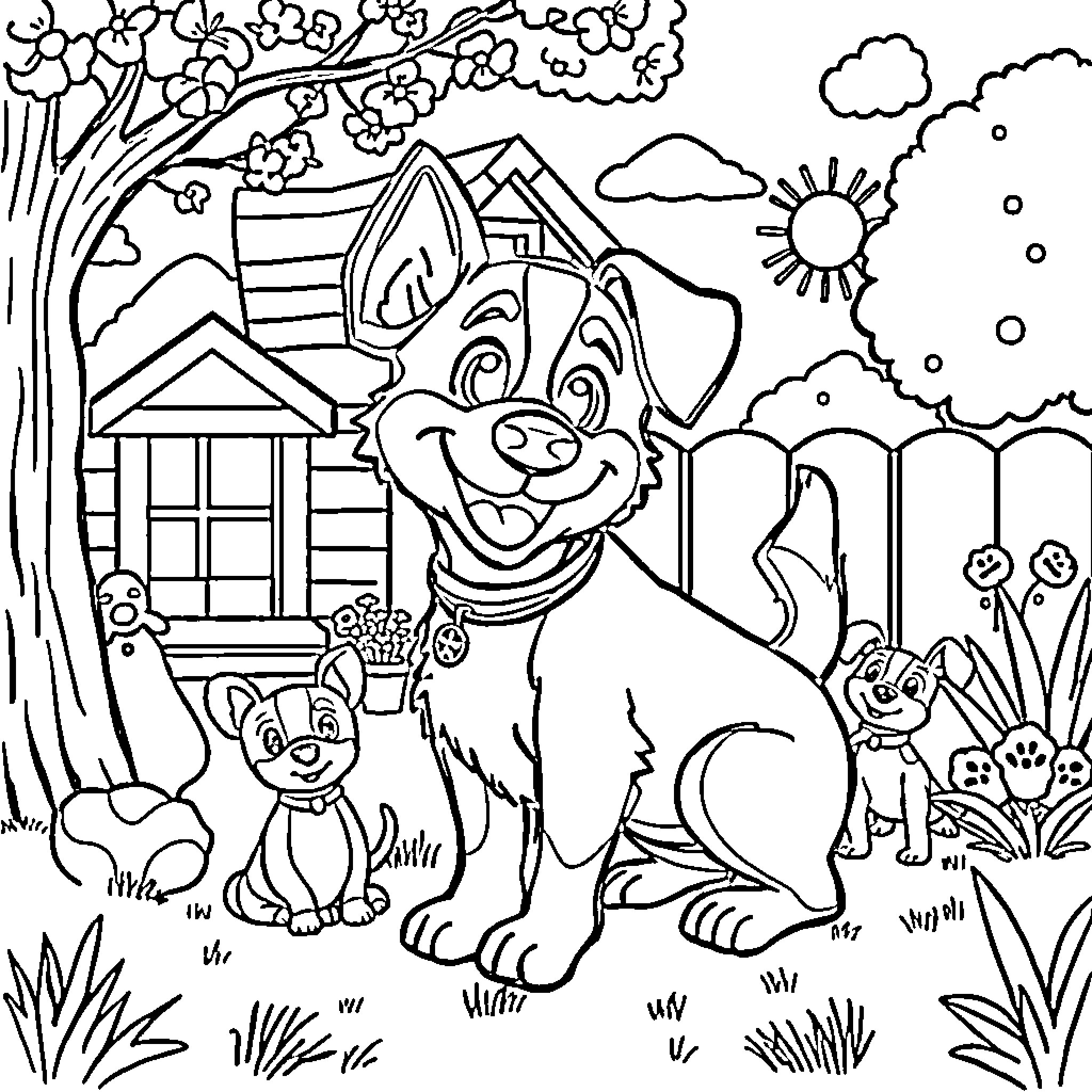 Bluey playing happily with friends in the backyard Coloring Page (free black-and-white line drawing printable PDF for all, from beginners to advanced learners, including children, teens, adults, and seniors)