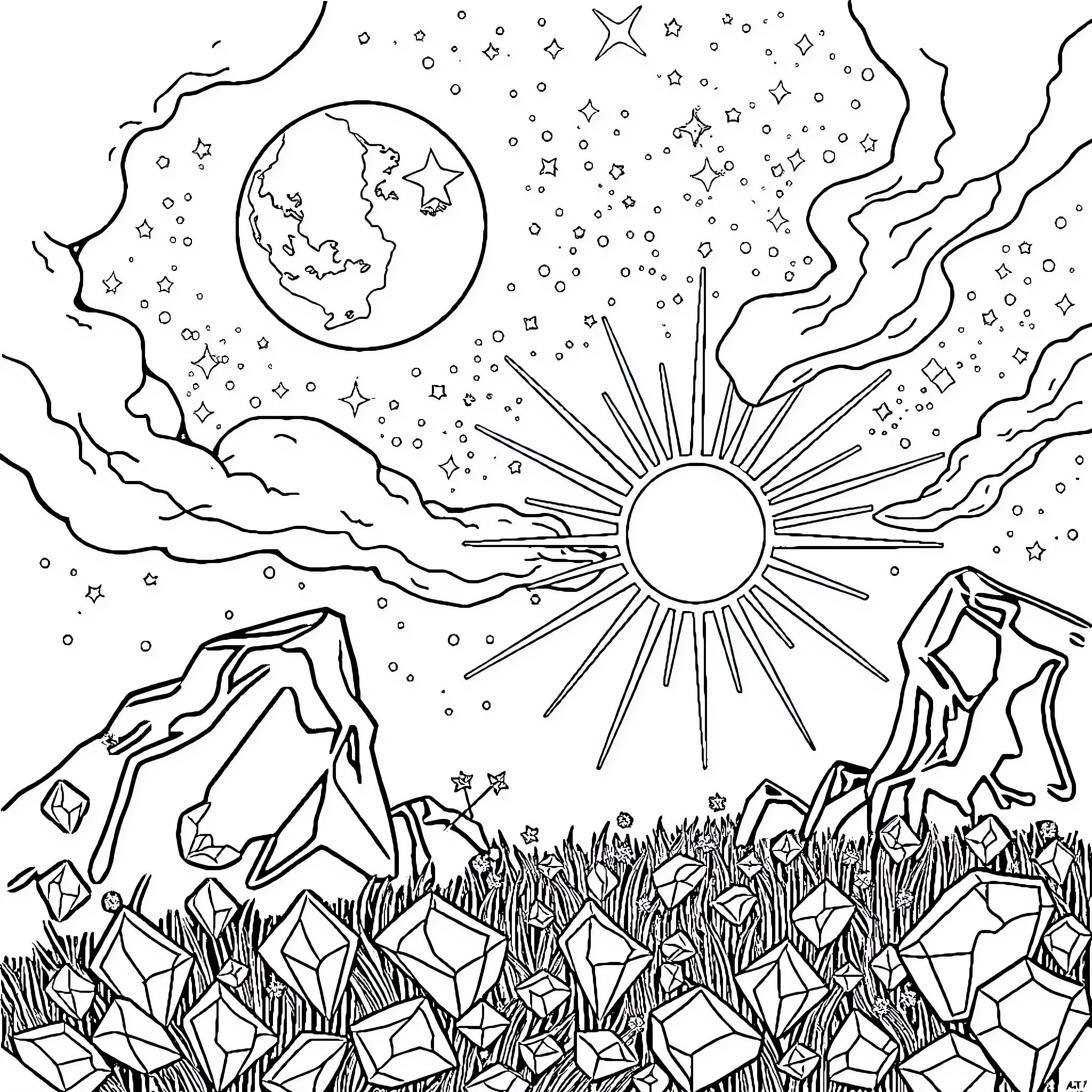 Moon and Sun Shining over Starry Night Sky Coloring Page (free black-and-white line drawing printable PDF for all, from beginners to advanced learners, including children, teens, adults, and seniors)