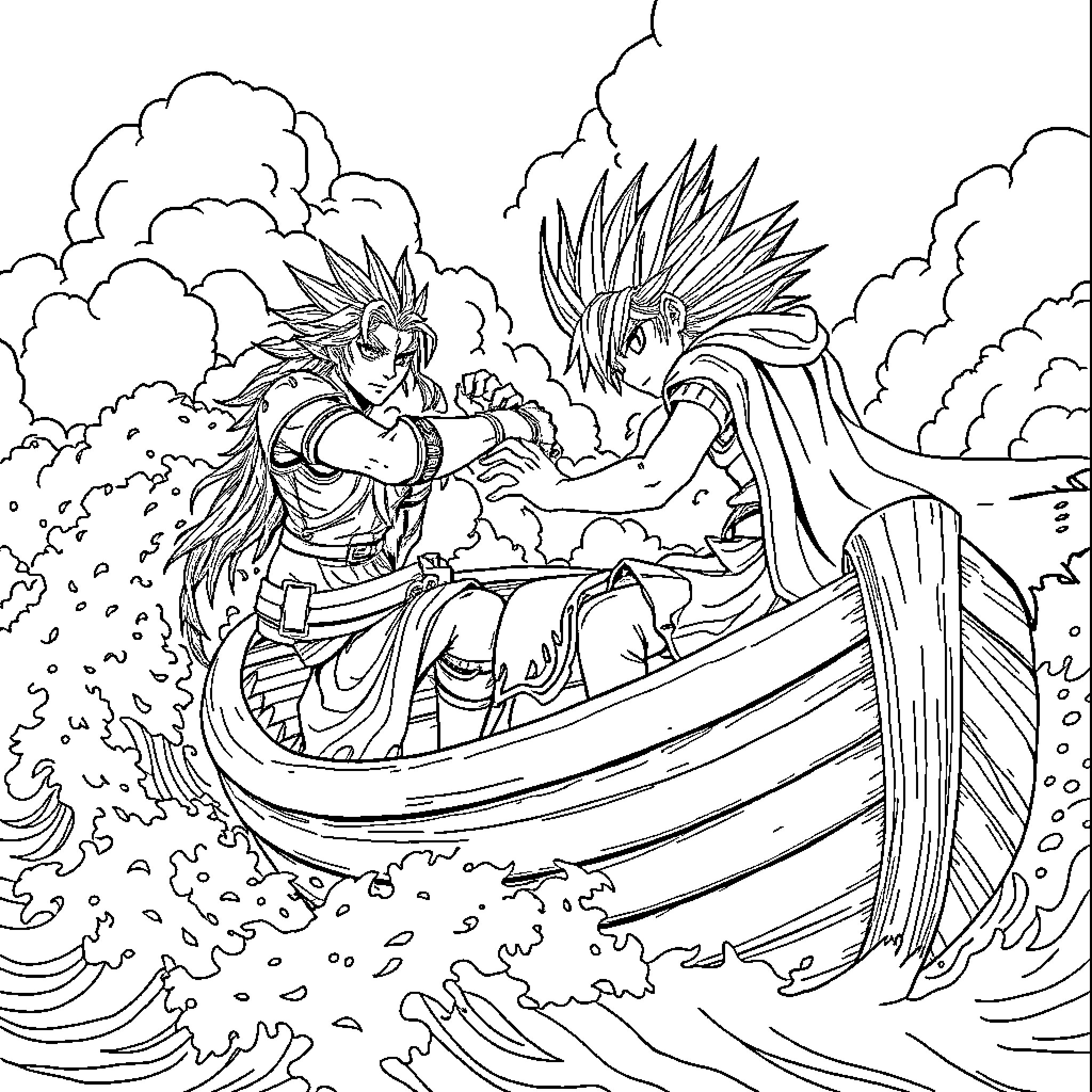Sephiroth's Epic Battle in a Stormy Sea Coloring Page (free black-and-white line drawing printable PDF for all, from beginners to advanced learners, including children, teens, adults, and seniors)