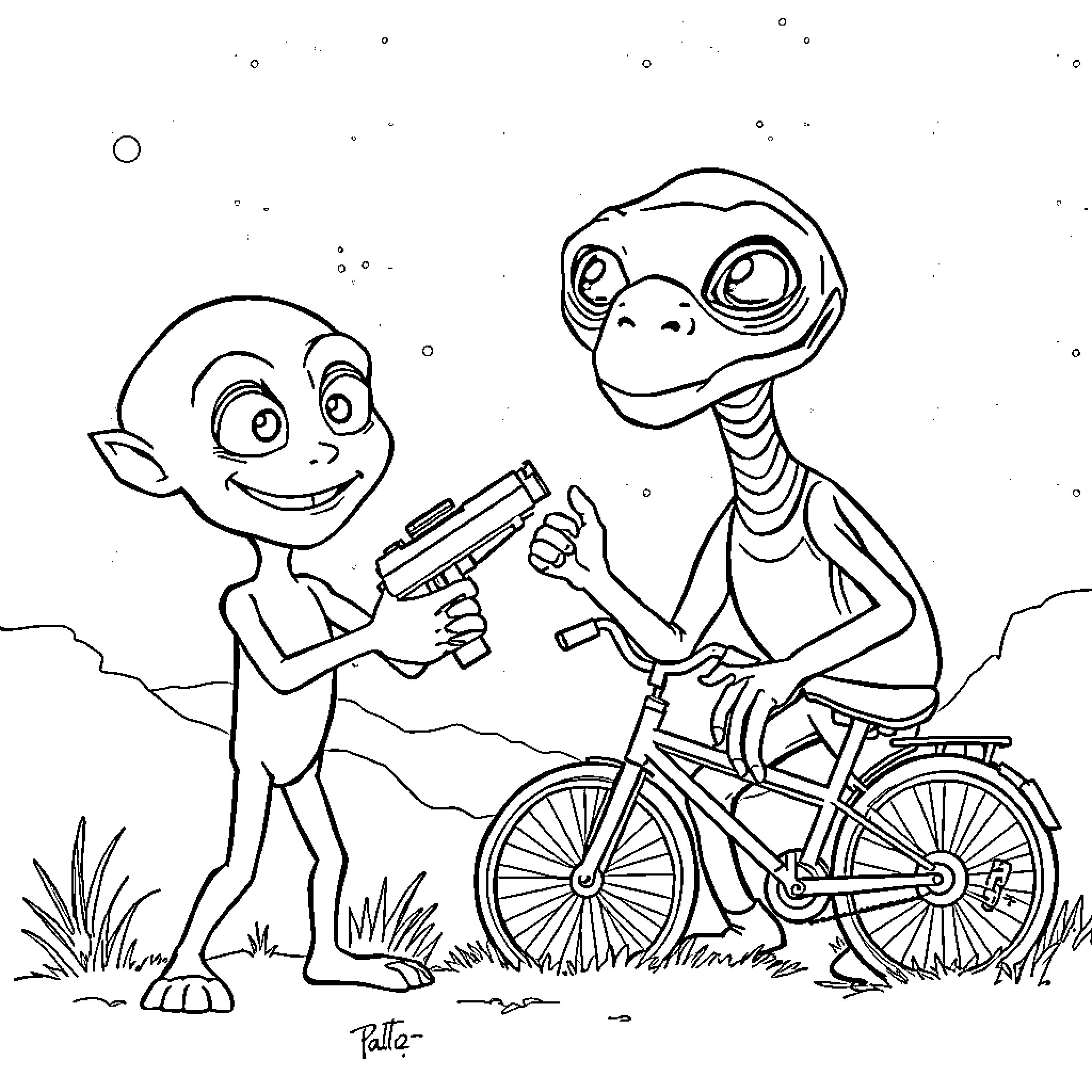 Alien friends exploring the outdoors on bicycles Coloring Page (free black-and-white line drawing printable PDF for all, from beginners to advanced learners, including children, teens, adults, and seniors)