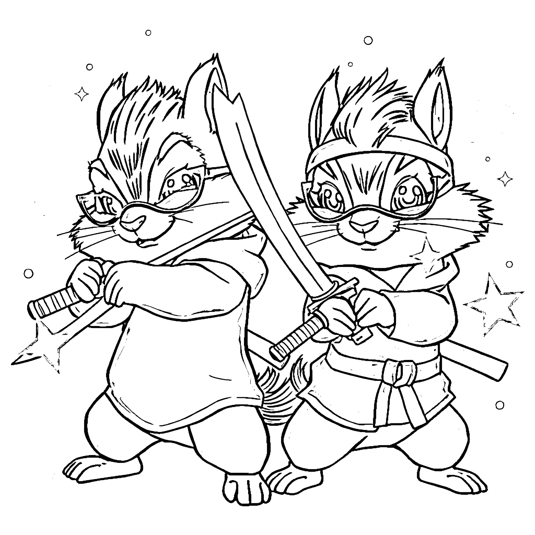 Chipmunk warriors battling with swords and shields Coloring Page (free black-and-white line drawing printable PDF for all, from beginners to advanced learners, including children, teens, adults, and seniors)