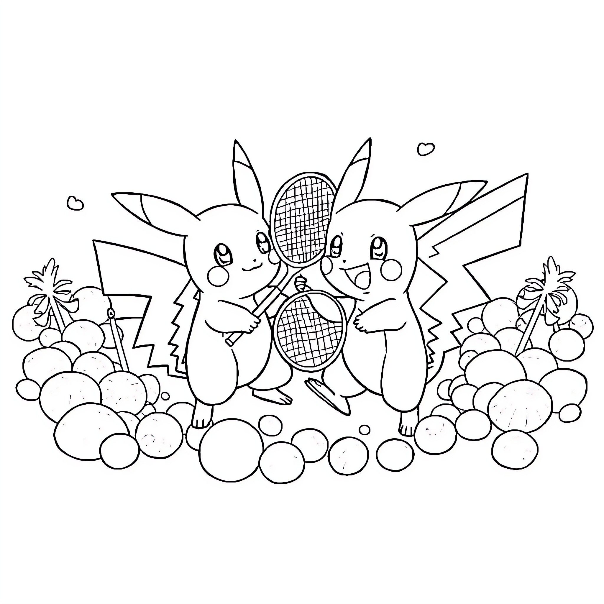 Pokémon characters playing tennis in a field Coloring Page (free black-and-white line drawing printable PDF for all, from beginners to advanced learners, including children, teens, adults, and seniors)