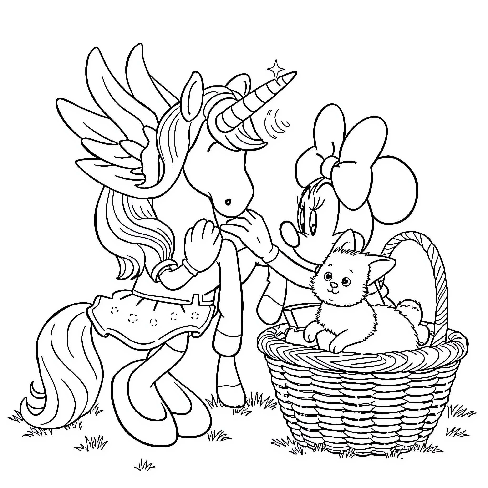 Minnie Mouse and Unicorn Explore the Enchanted Forest Coloring Page (free black-and-white line drawing printable PDF for all, from beginners to advanced learners, including children, teens, adults, and seniors)