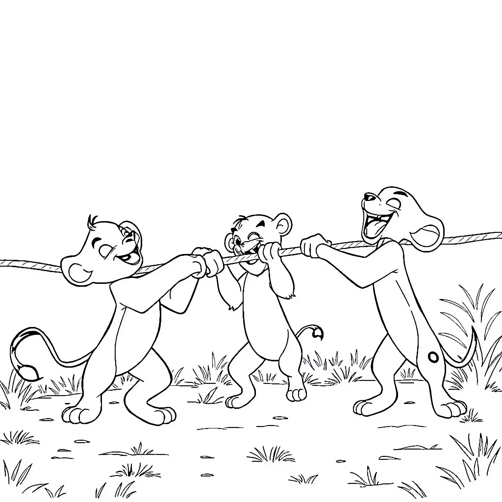 Simba and friends playing tug-of-war in the savanna Coloring Page (free black-and-white line drawing printable PDF for all, from beginners to advanced learners, including children, teens, adults, and seniors)