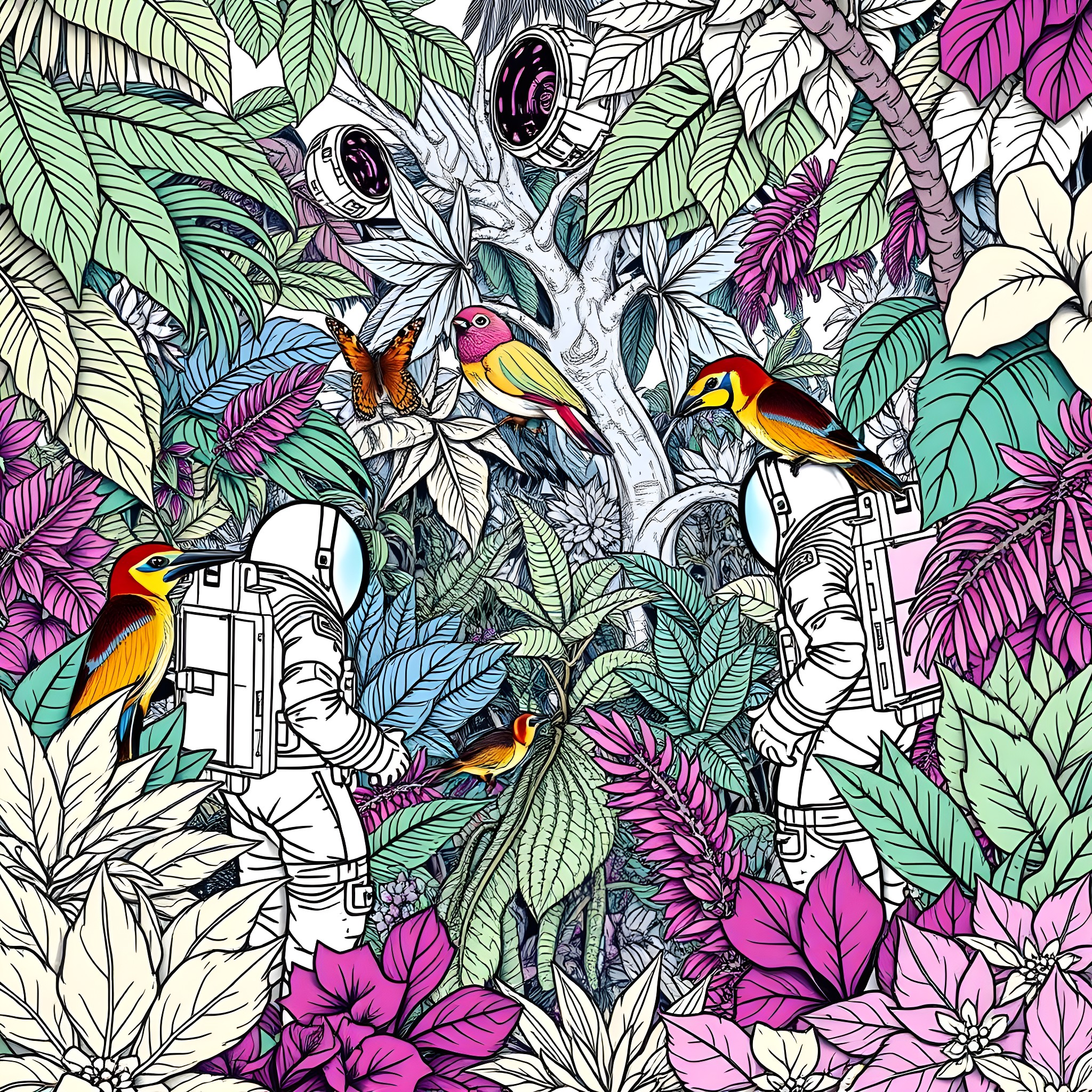 Rainforest with vibrant flora and fauna Coloring Page (free black-and-white line drawing printable PDF for all, from beginners to advanced learners, including children, teens, adults, and seniors)
