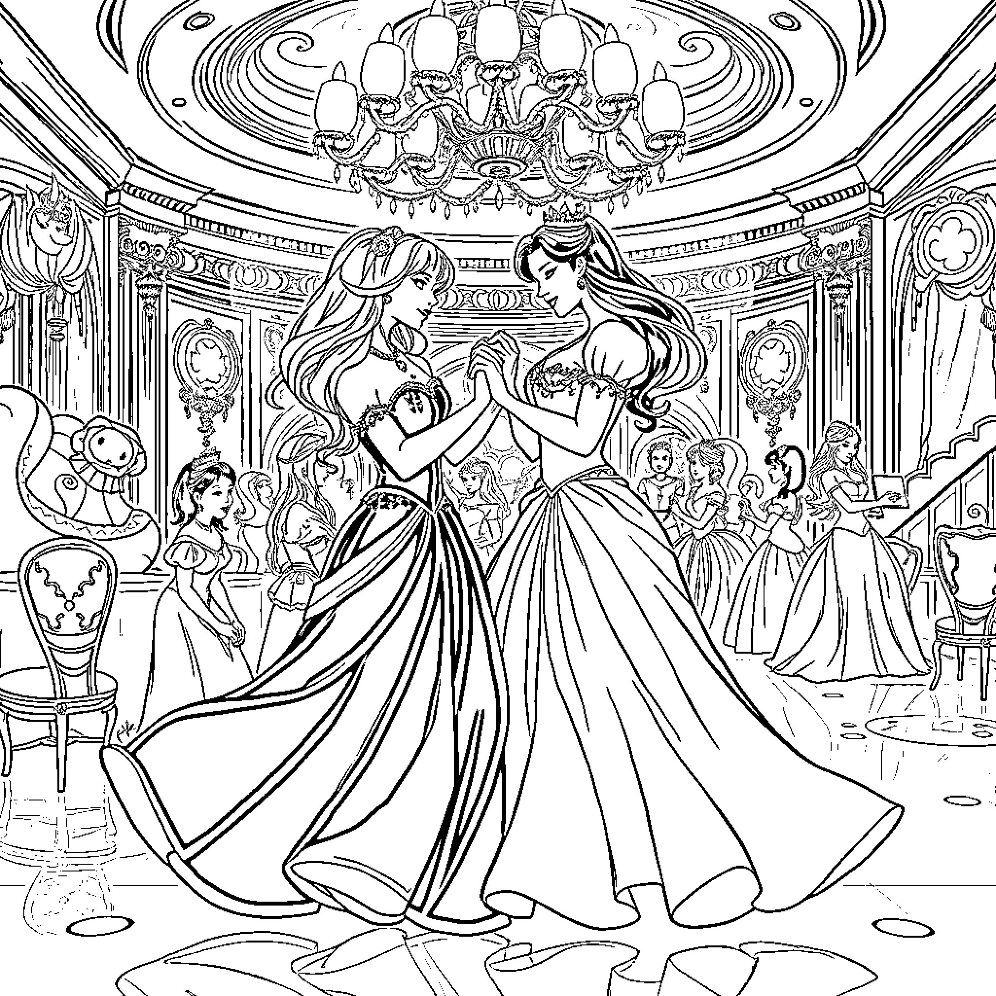 Princess Dancing in a Regal Ball Coloring Page (free black-and-white line drawing printable PDF for all, from beginners to advanced learners, including children, teens, adults, and seniors)