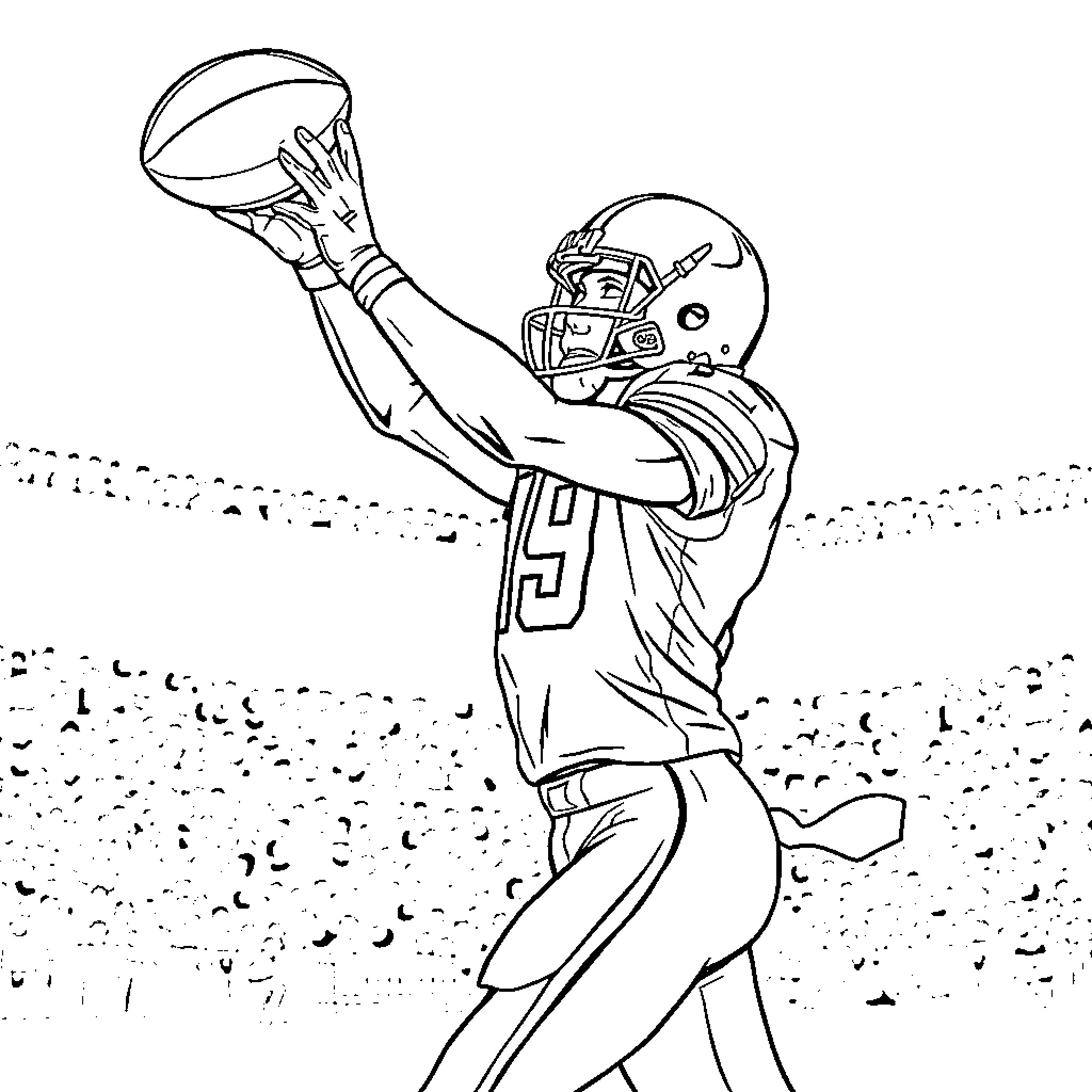 NFL Player catching football in field Coloring Page (free black-and-white line drawing printable PDF for all, from beginners to advanced learners, including children, teens, adults, and seniors)
