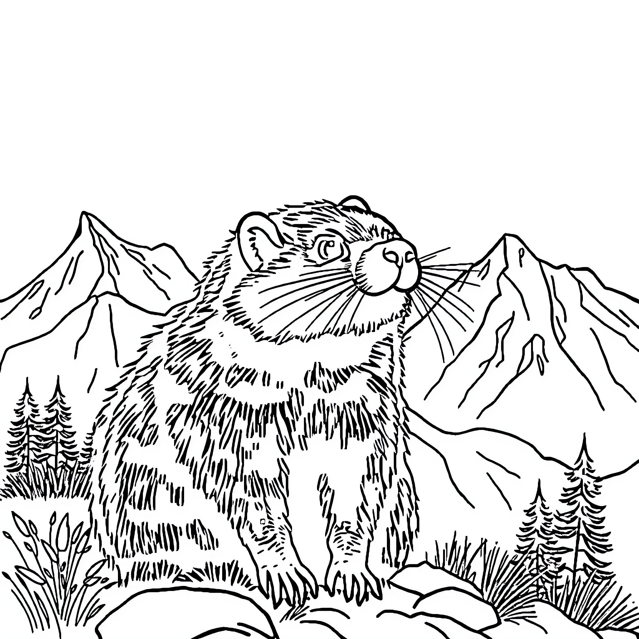 Marmot exploring the mountainous landscape Coloring Page (free black-and-white line drawing printable PDF for all, from beginners to advanced learners, including children, teens, adults, and seniors)