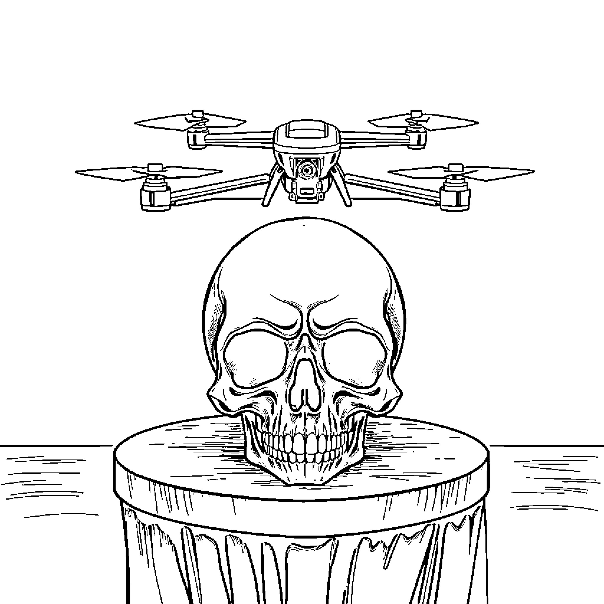 Skull flying drone over pedestal Coloring Page (free black-and-white line drawing printable PDF for all, from beginners to advanced learners, including children, teens, adults, and seniors)