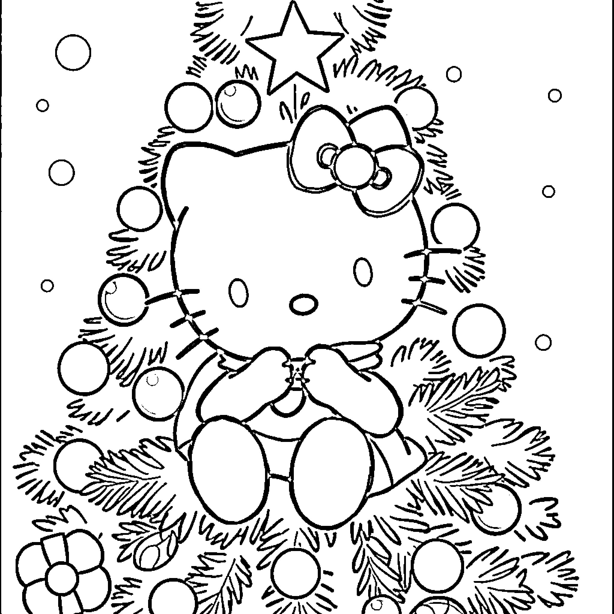 Hello Kitty decorating a holiday wreath Coloring Page (free black-and-white line drawing printable PDF for all, from beginners to advanced learners, including children, teens, adults, and seniors)