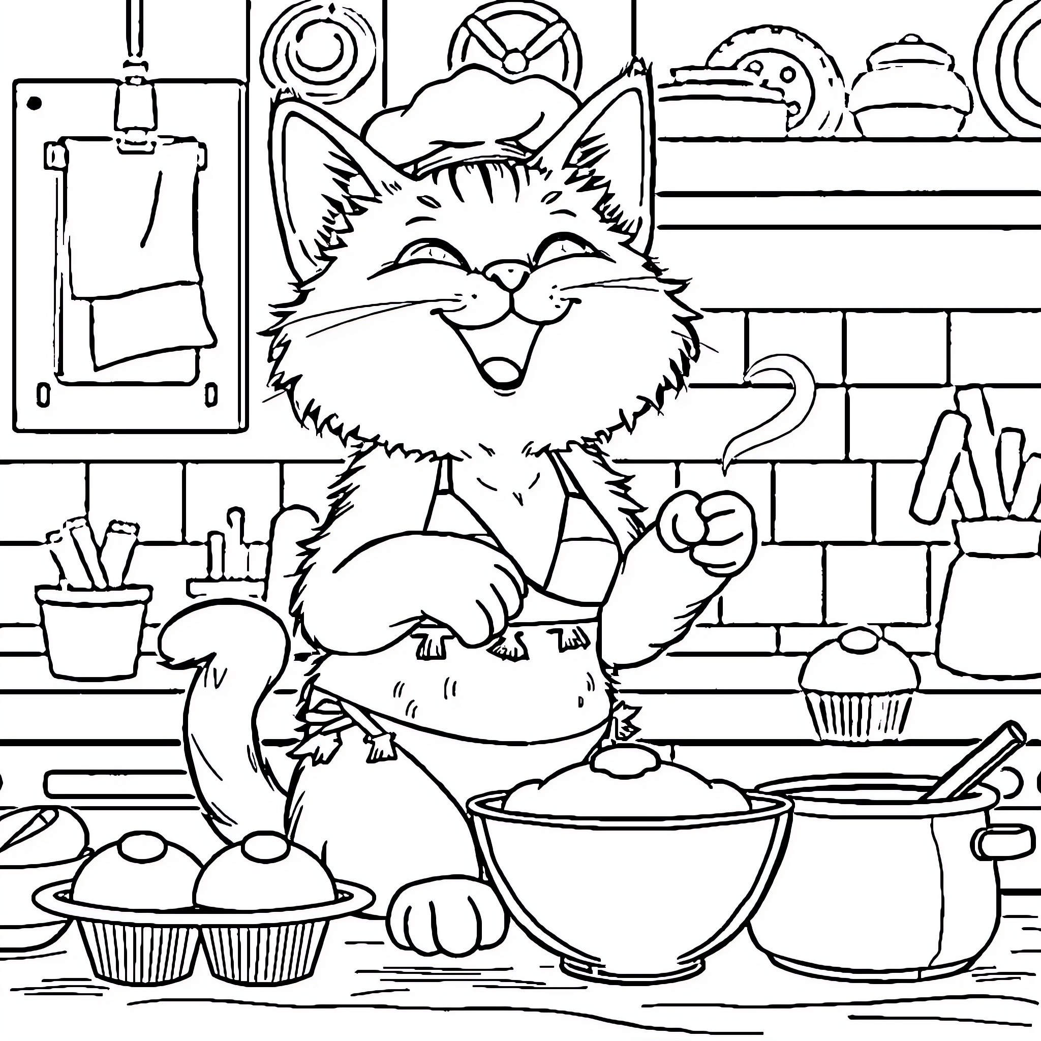 Cat Baking Treats in the Kitchen Coloring Page (free black-and-white line drawing printable PDF for all, from beginners to advanced learners, including children, teens, adults, and seniors)